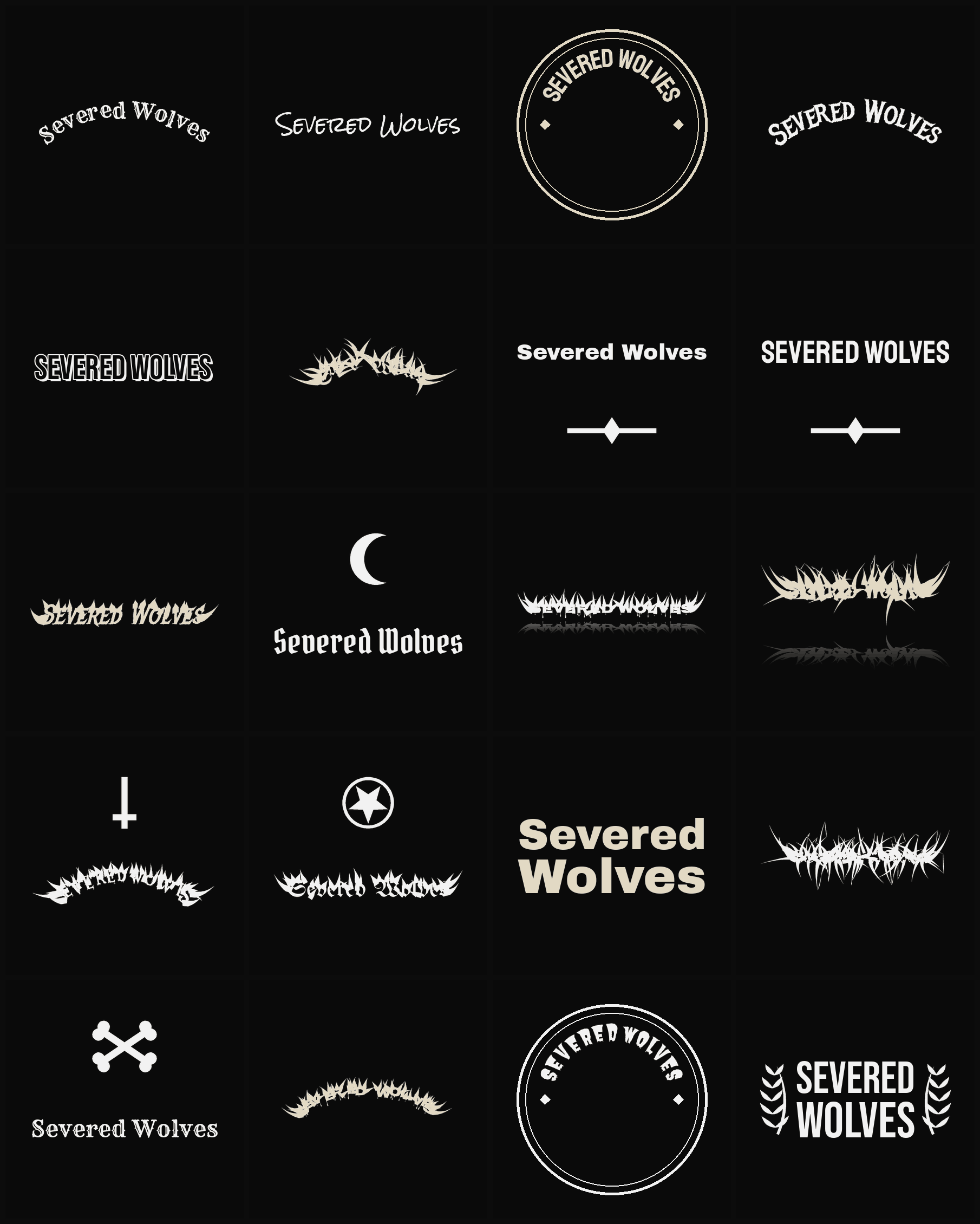 Twenty Severed Wolves band logo ideas — different faces, treatments and spike settings