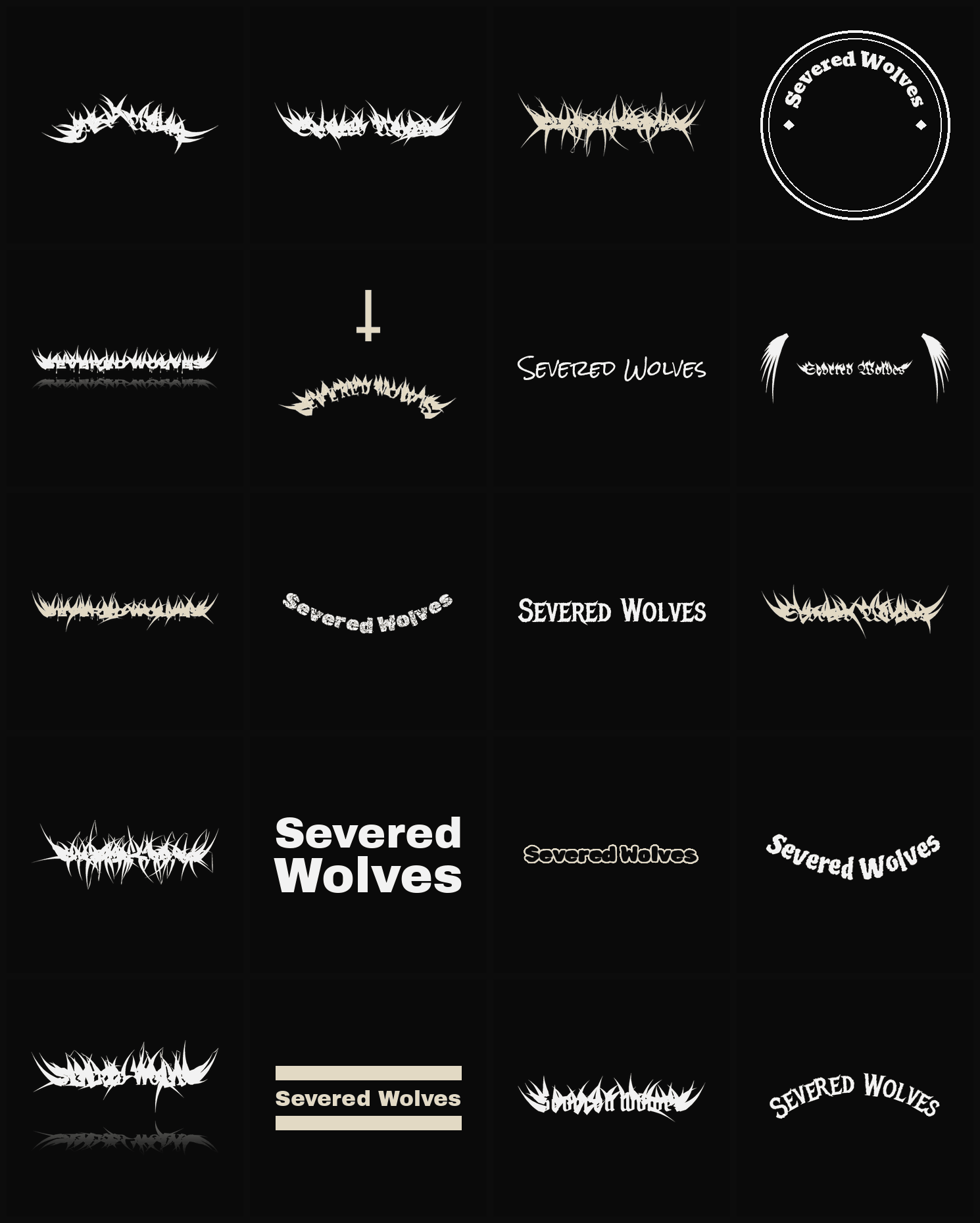 Twenty Severed Wolves band logo ideas — different faces, treatments and spike settings