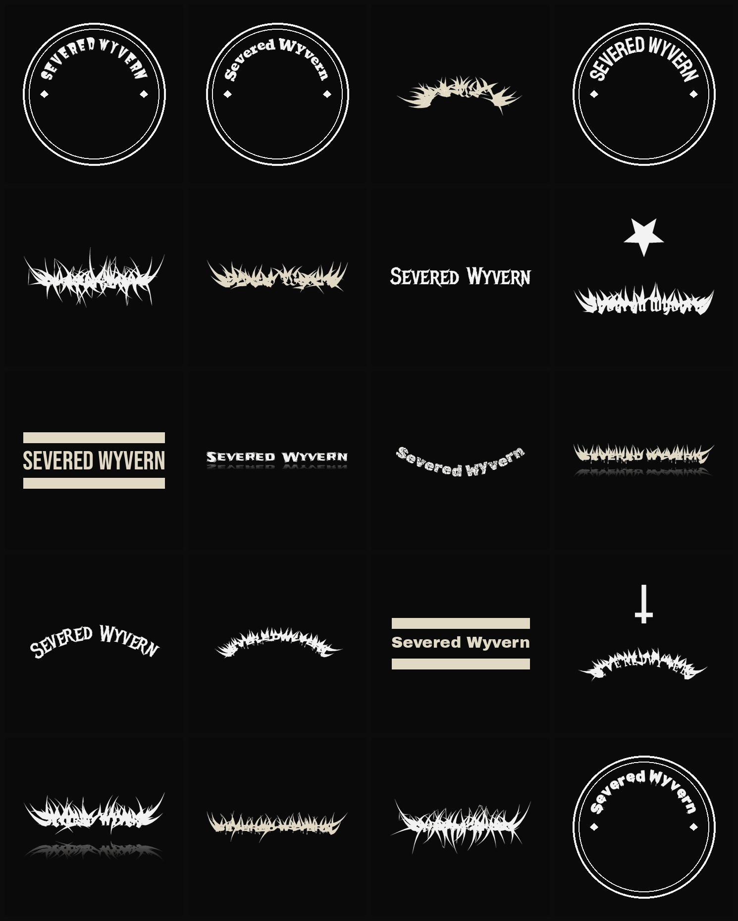 Twenty Severed Wyvern band logo ideas — different faces, treatments and spike settings
