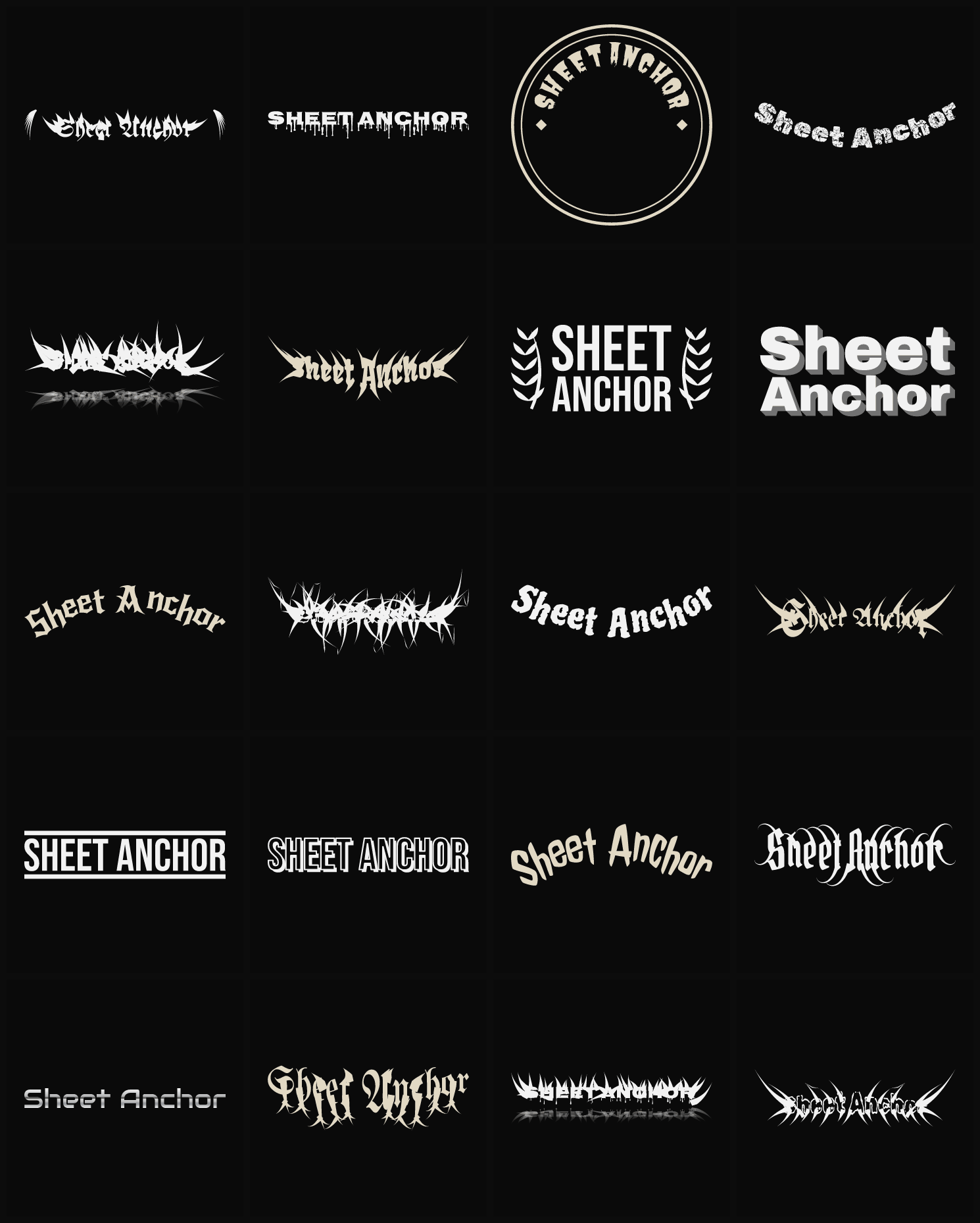 Twenty Sheet Anchor band logo ideas — different faces, treatments and spike settings