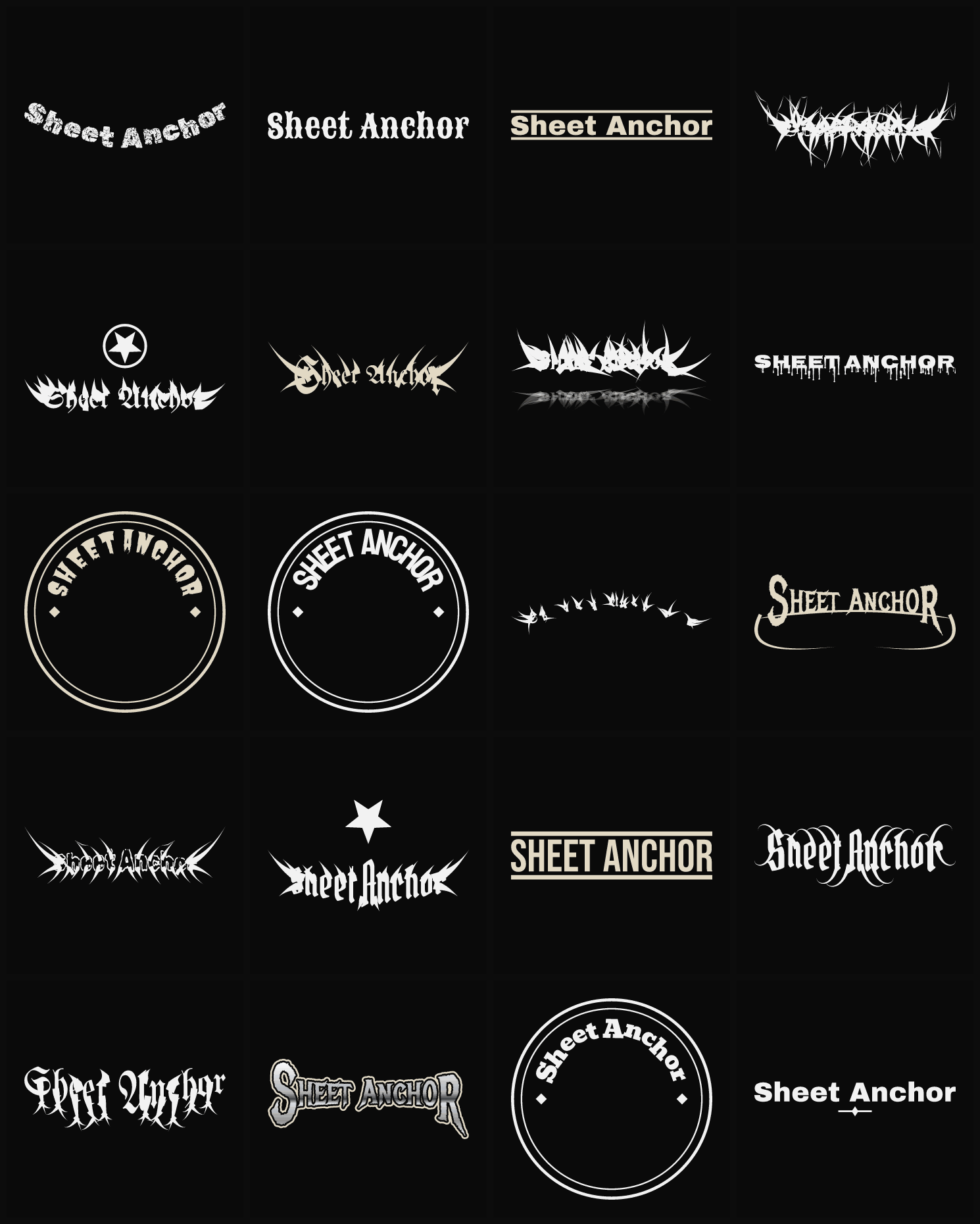 Twenty Sheet Anchor band logo ideas — different faces, treatments and spike settings