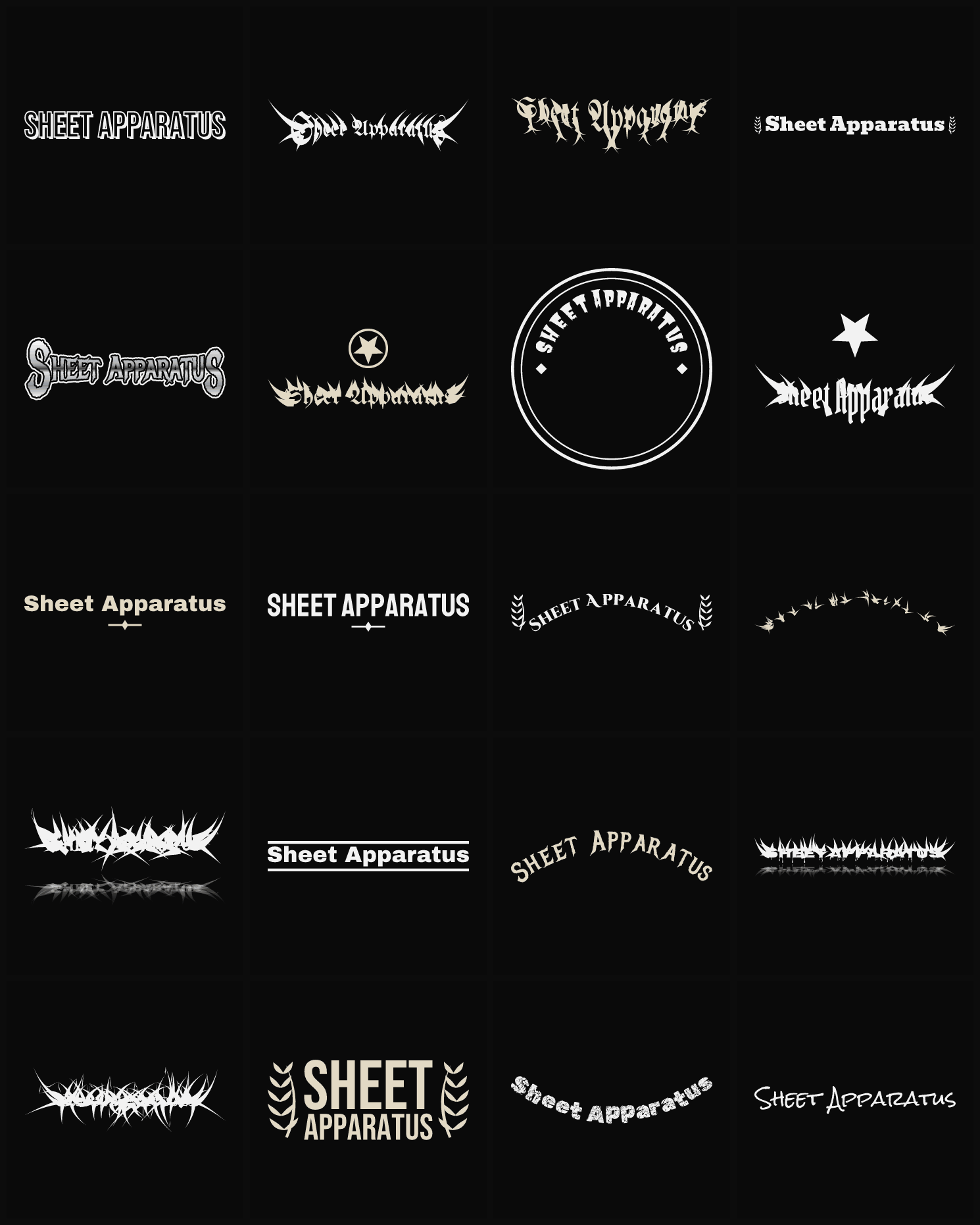 Twenty Sheet Apparatus band logo ideas — different faces, treatments and spike settings
