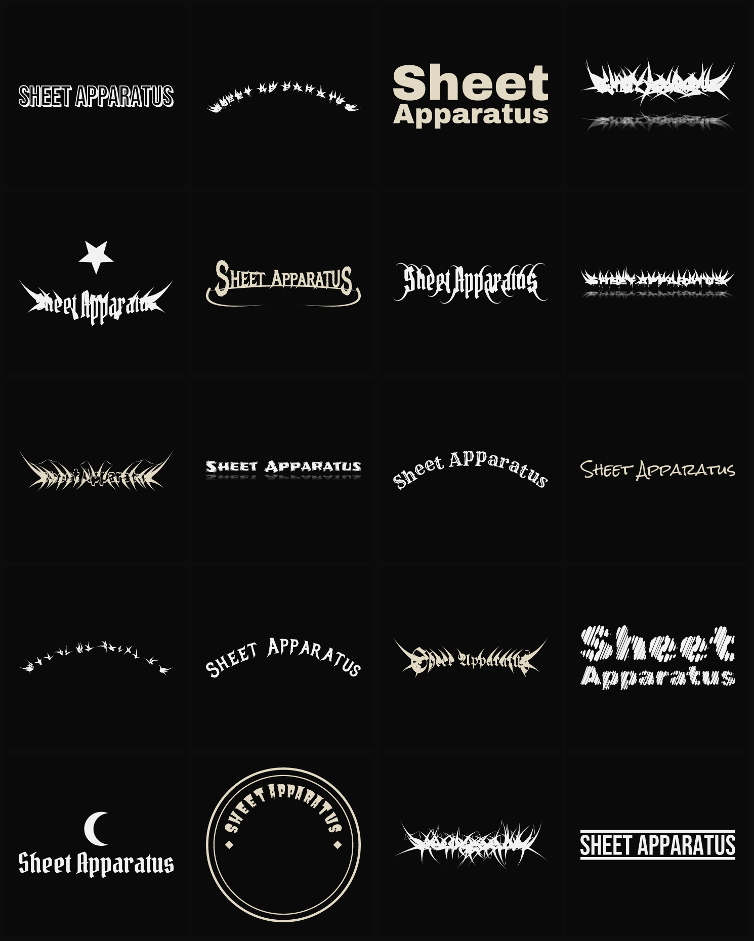 Twenty Sheet Apparatus band logo ideas — different faces, treatments and spike settings