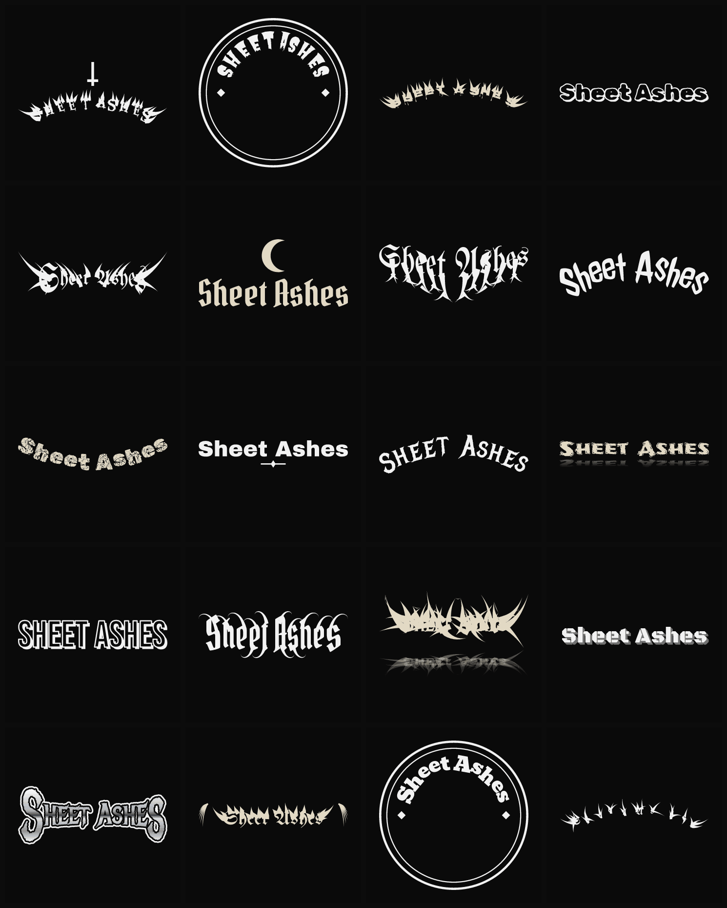 Twenty Sheet Ashes band logo ideas — different faces, treatments and spike settings