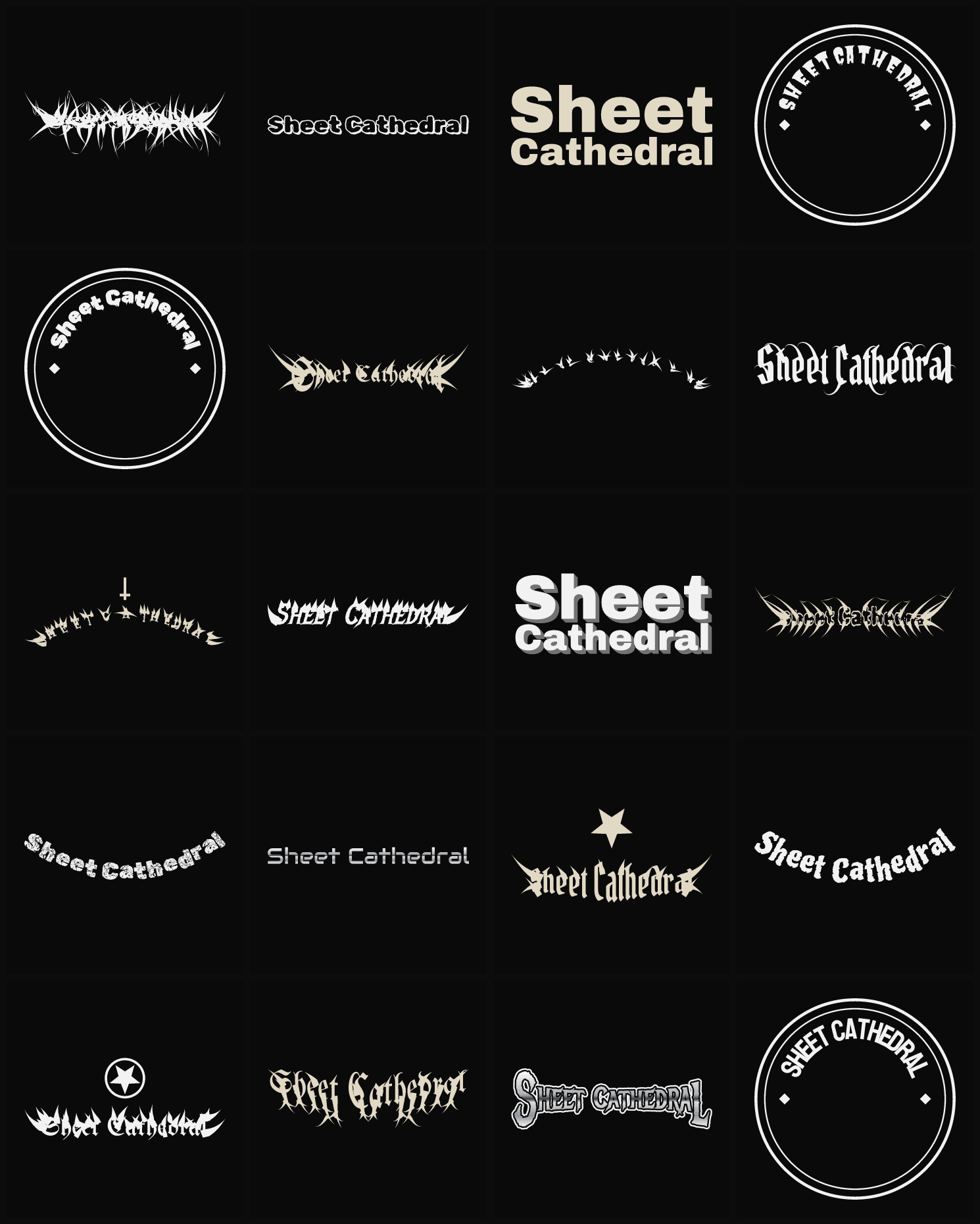 Twenty Sheet Cathedral band logo ideas — different faces, treatments and spike settings