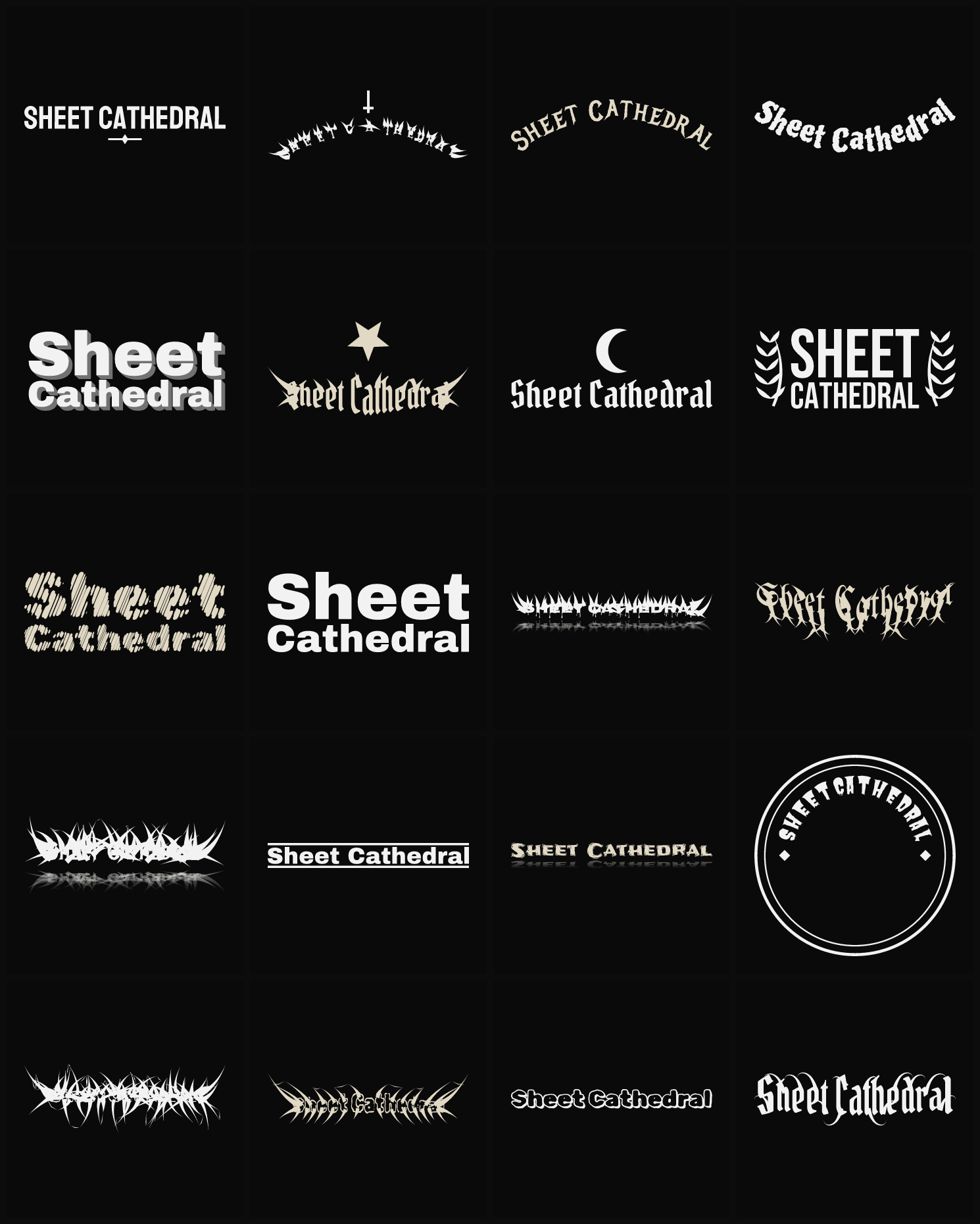 Twenty Sheet Cathedral band logo ideas — different faces, treatments and spike settings