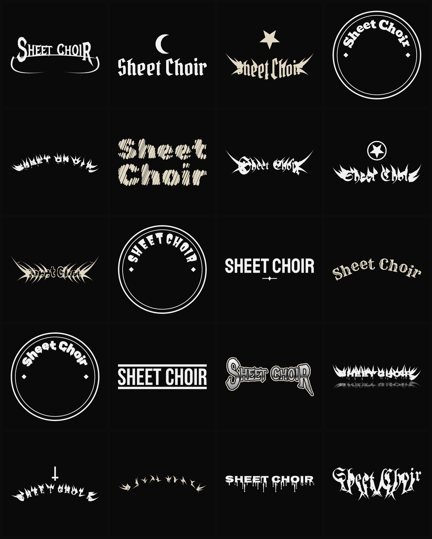 Twenty Sheet Choir band logo ideas — different faces, treatments and spike settings