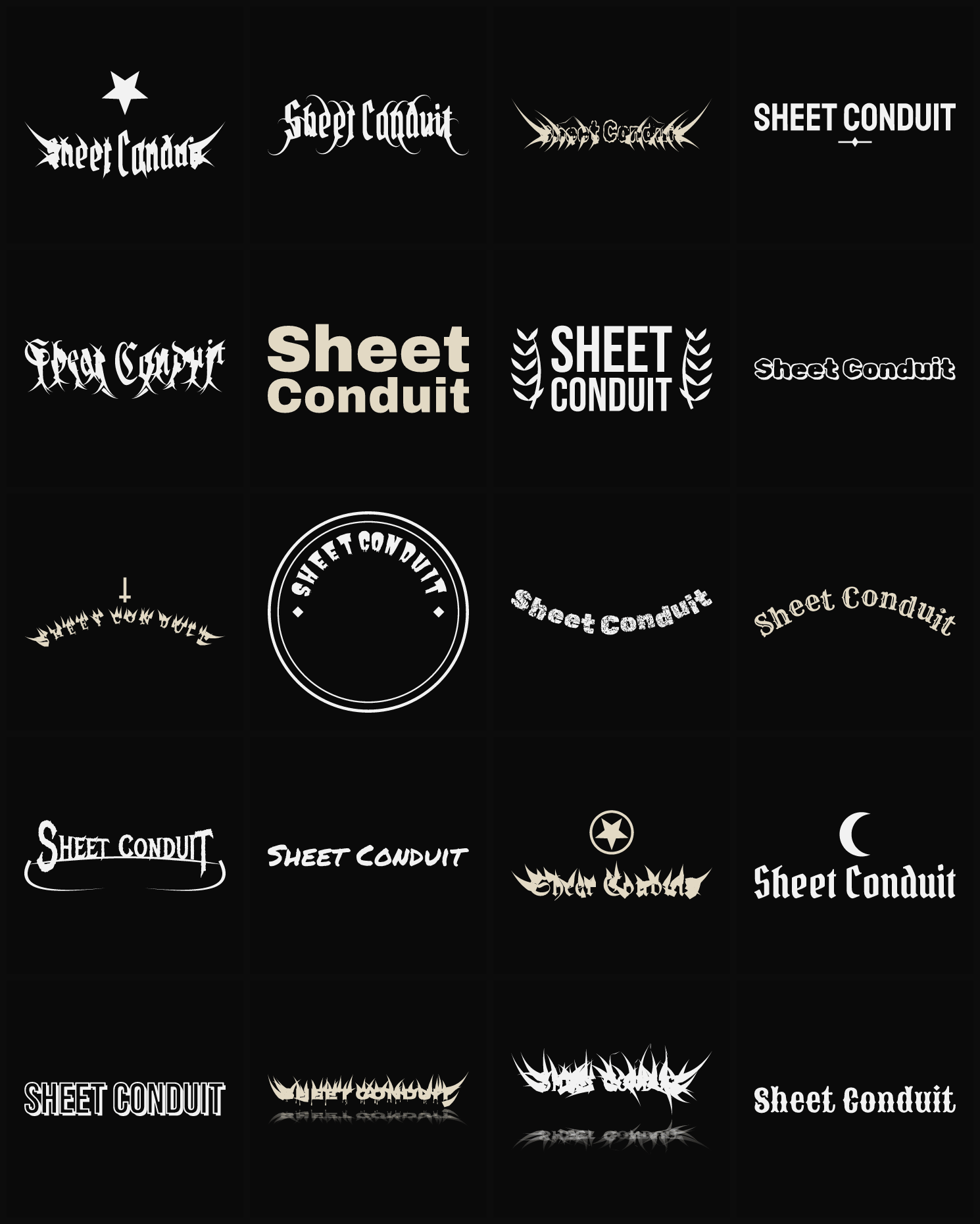 Twenty Sheet Conduit band logo ideas — different faces, treatments and spike settings