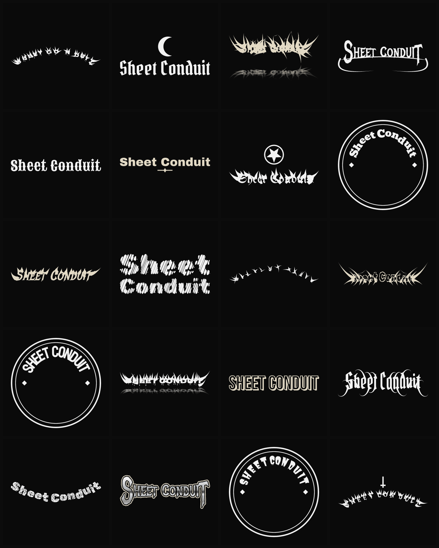 Twenty Sheet Conduit band logo ideas — different faces, treatments and spike settings