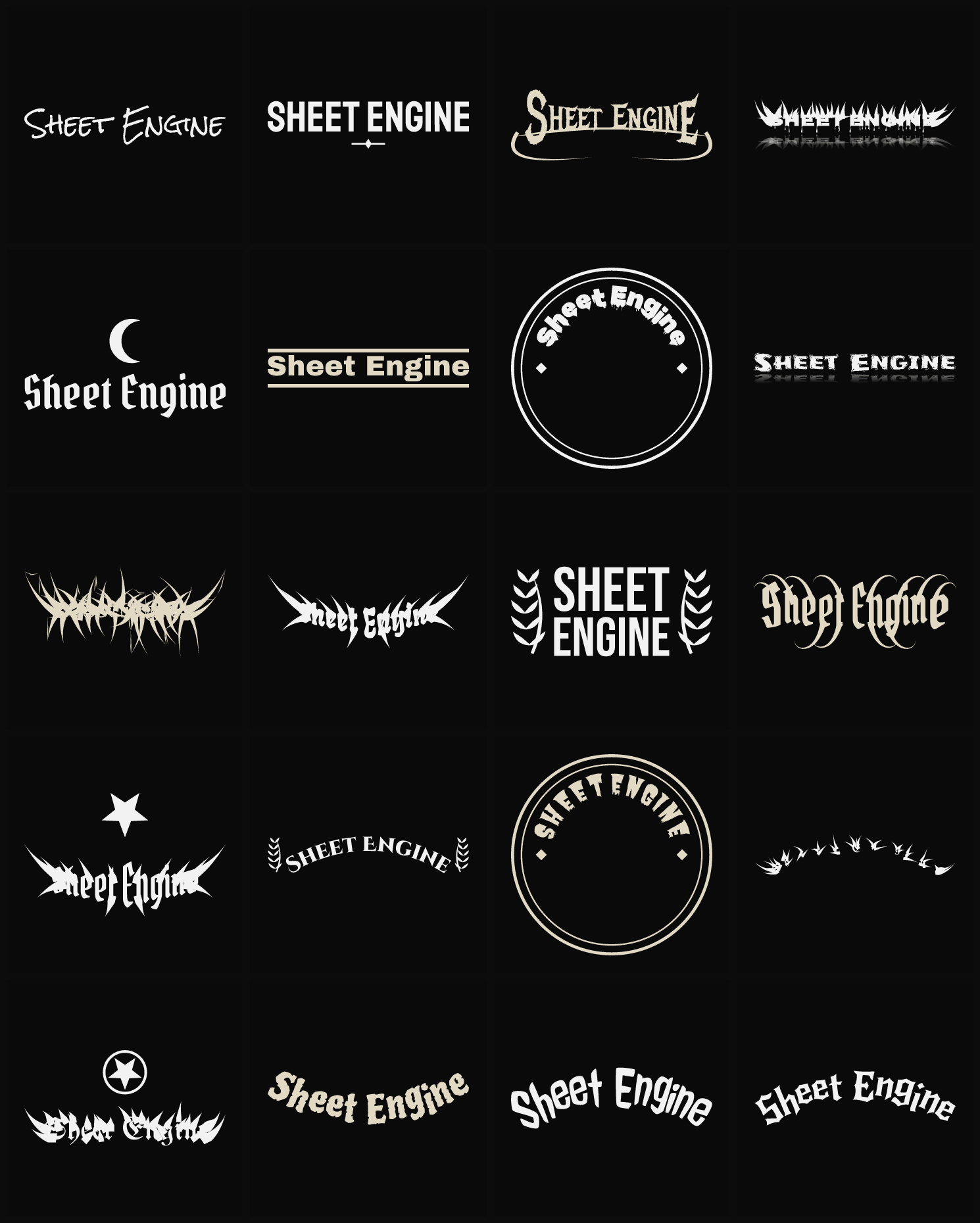 Twenty Sheet Engine band logo ideas — different faces, treatments and spike settings
