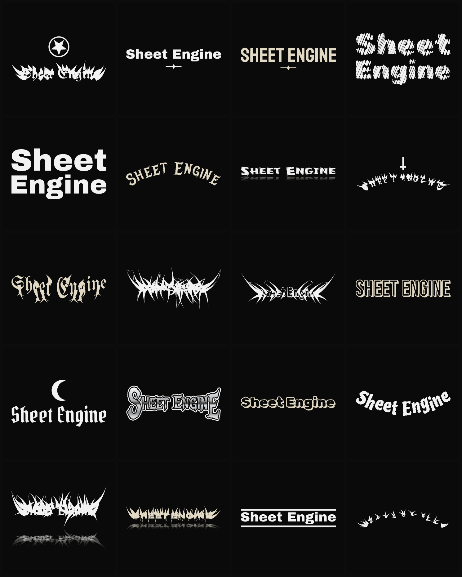 Twenty Sheet Engine band logo ideas — different faces, treatments and spike settings
