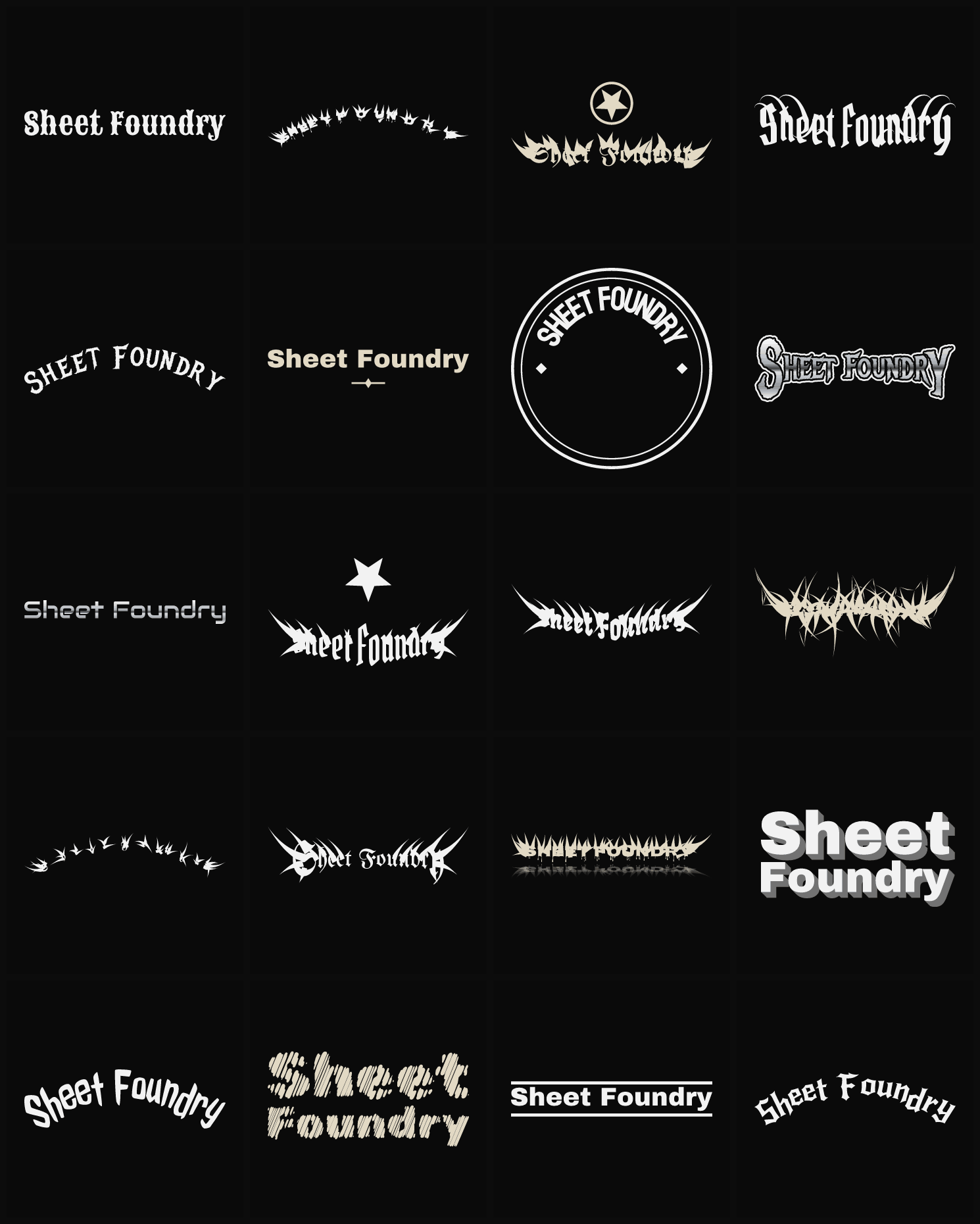 Twenty Sheet Foundry band logo ideas — different faces, treatments and spike settings
