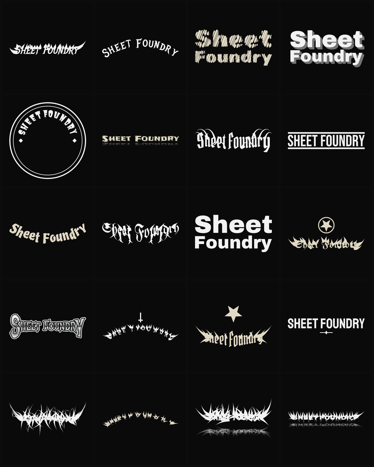 Twenty Sheet Foundry band logo ideas — different faces, treatments and spike settings