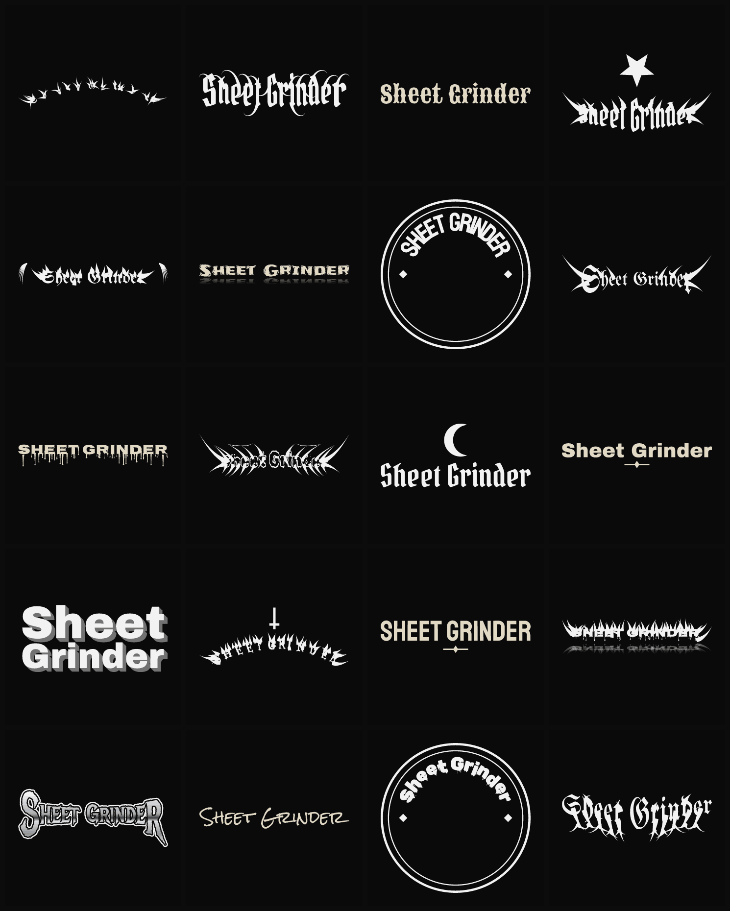 Twenty Sheet Grinder band logo ideas — different faces, treatments and spike settings