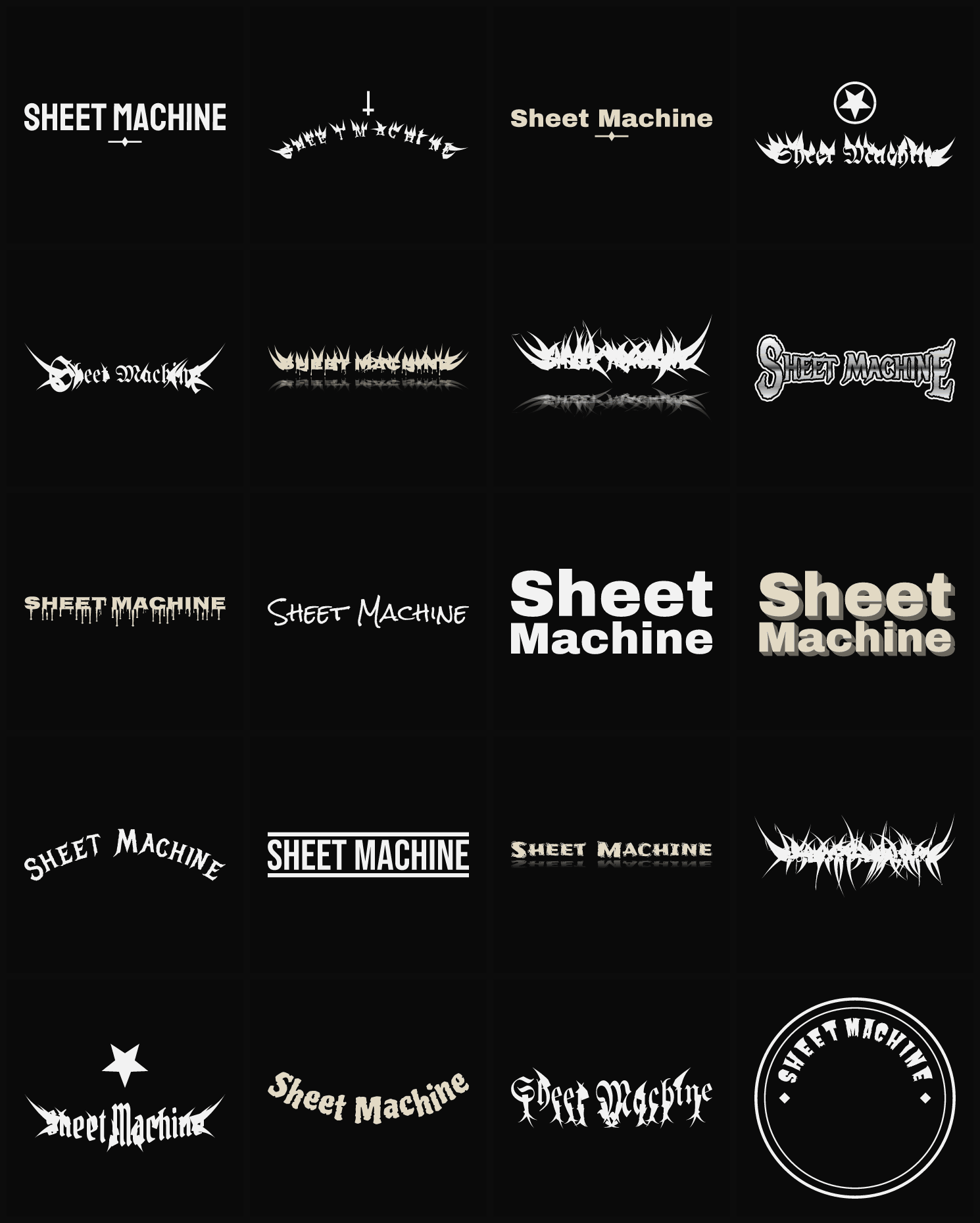 Twenty Sheet Machine band logo ideas — different faces, treatments and spike settings