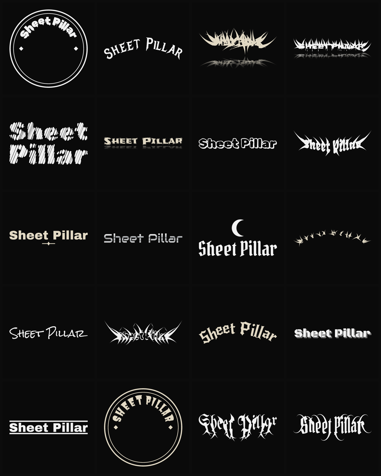 Twenty Sheet Pillar band logo ideas — different faces, treatments and spike settings