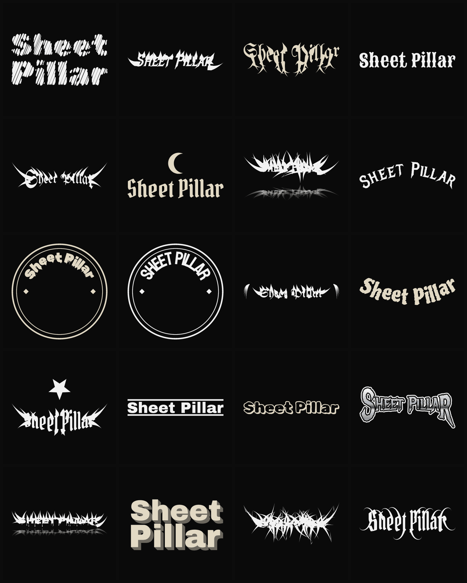 Twenty Sheet Pillar band logo ideas — different faces, treatments and spike settings