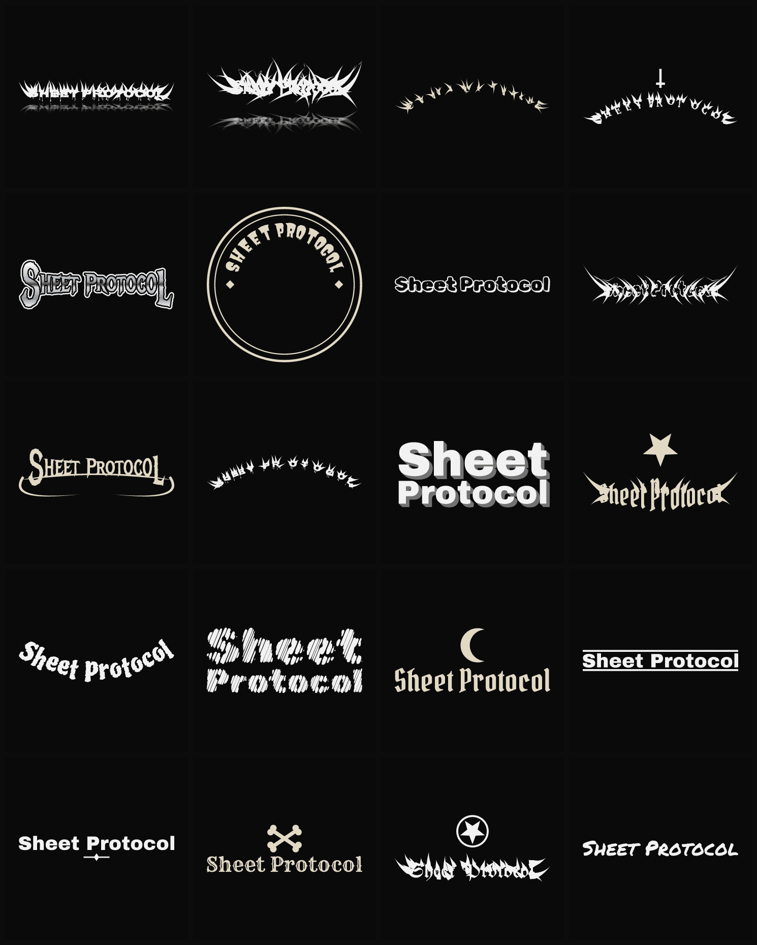Twenty Sheet Protocol band logo ideas — different faces, treatments and spike settings