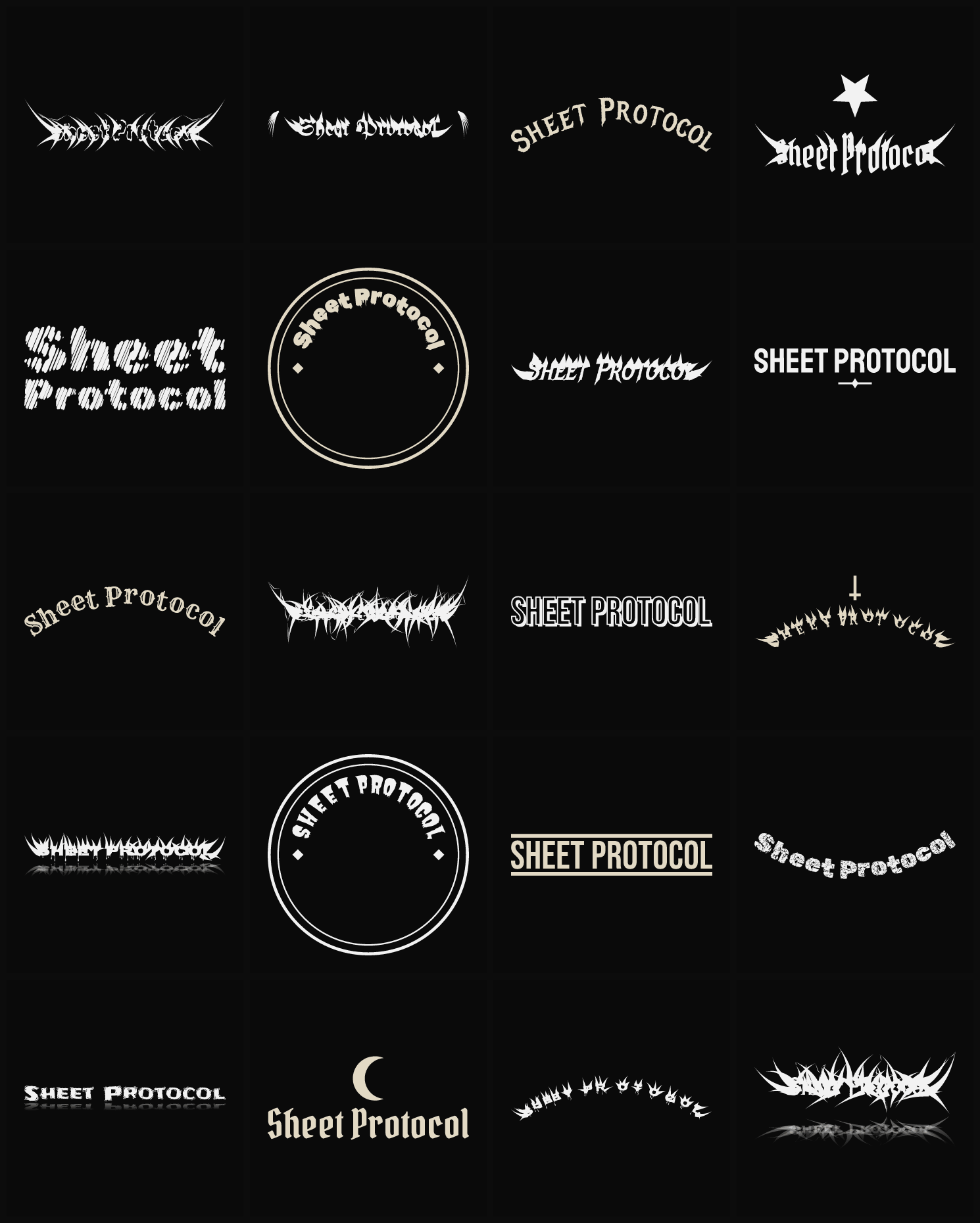 Twenty Sheet Protocol band logo ideas — different faces, treatments and spike settings