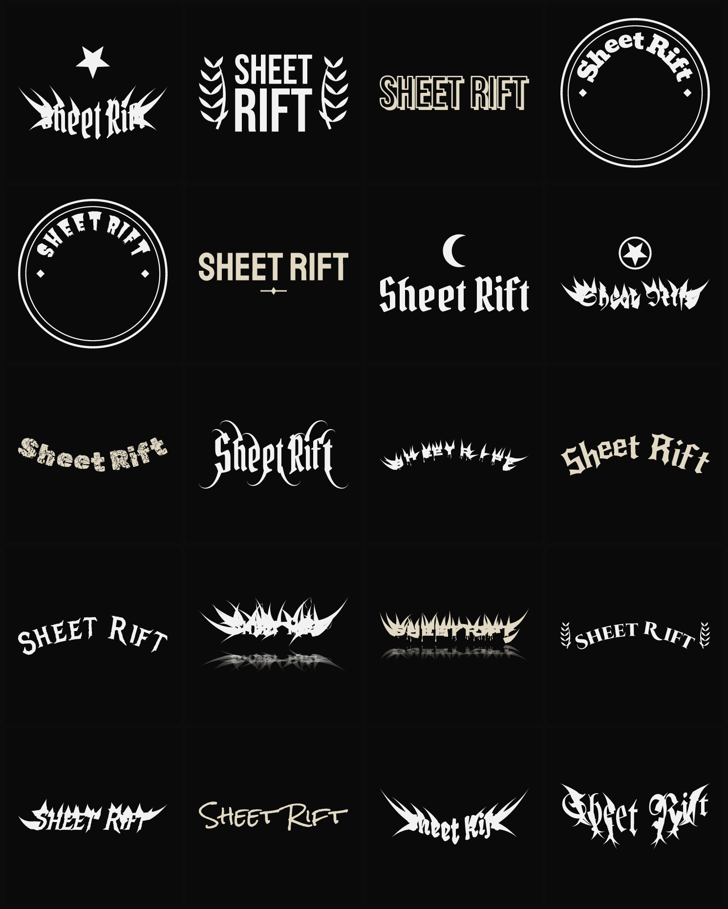 Twenty Sheet Rift band logo ideas — different faces, treatments and spike settings
