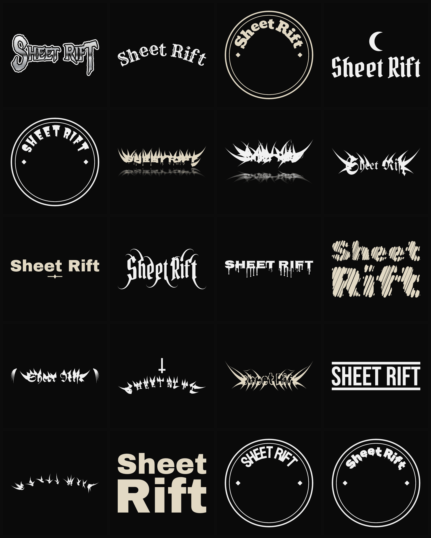 Twenty Sheet Rift band logo ideas — different faces, treatments and spike settings