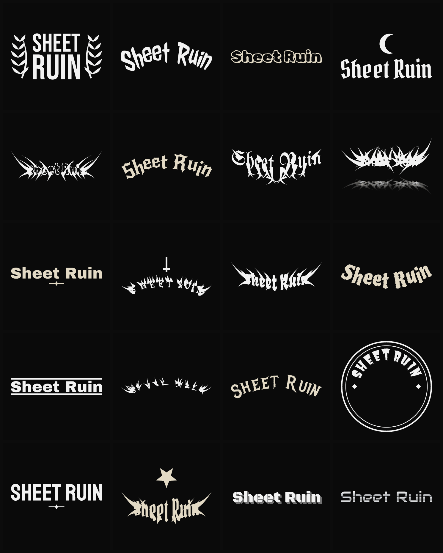 Twenty Sheet Ruin band logo ideas — different faces, treatments and spike settings