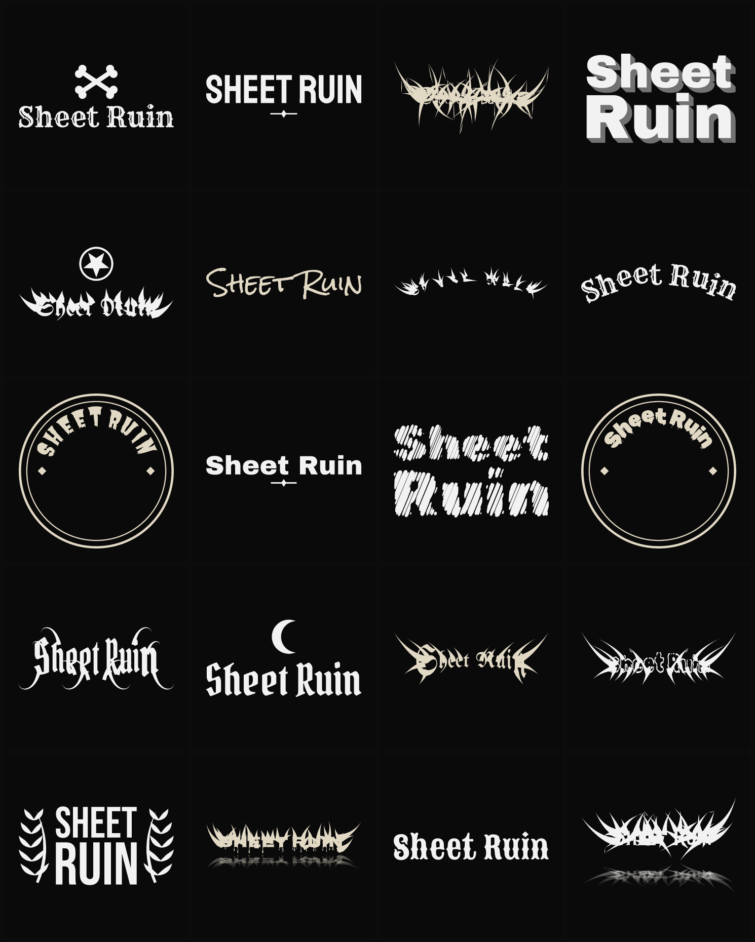 Twenty Sheet Ruin band logo ideas — different faces, treatments and spike settings