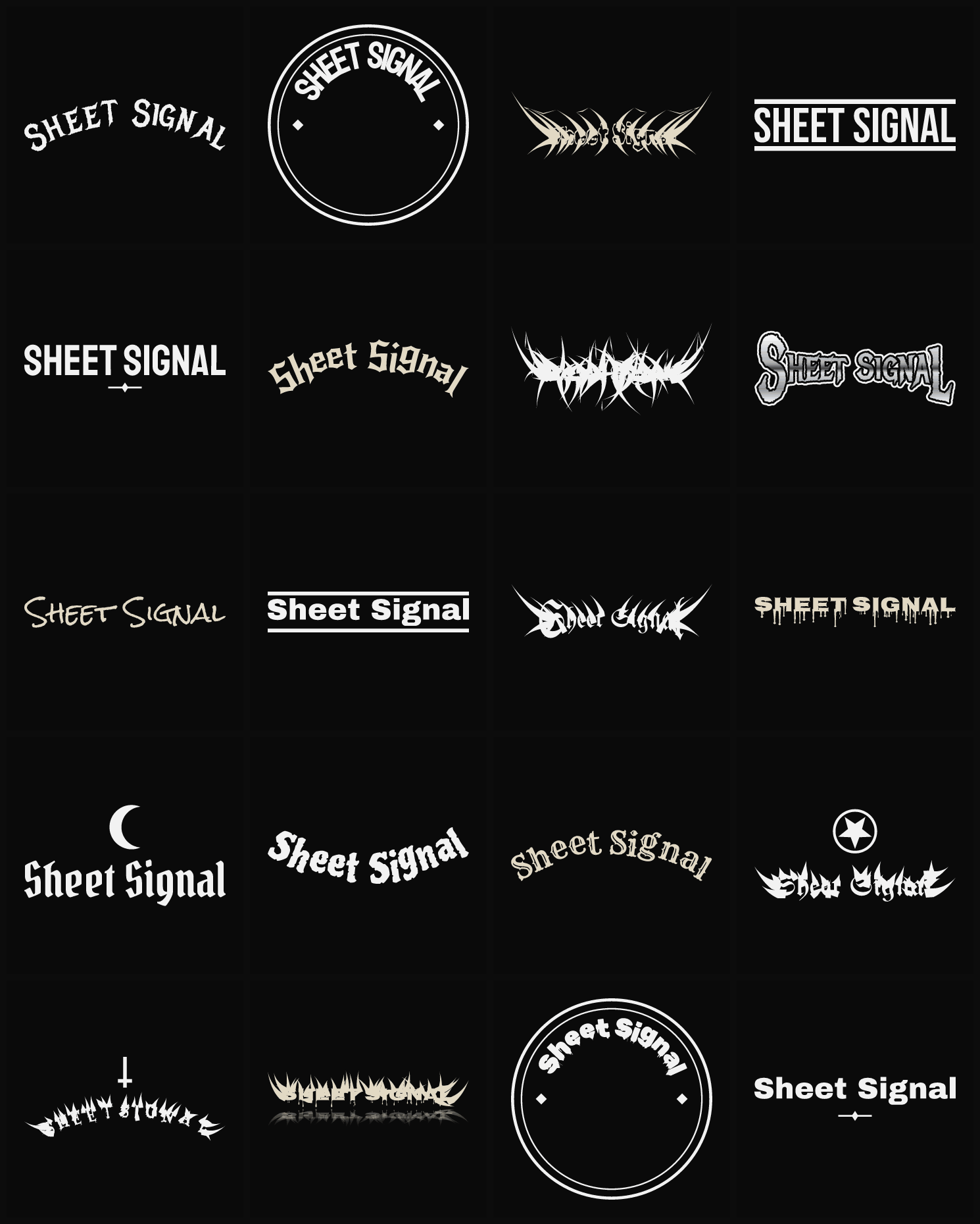 Twenty Sheet Signal band logo ideas — different faces, treatments and spike settings