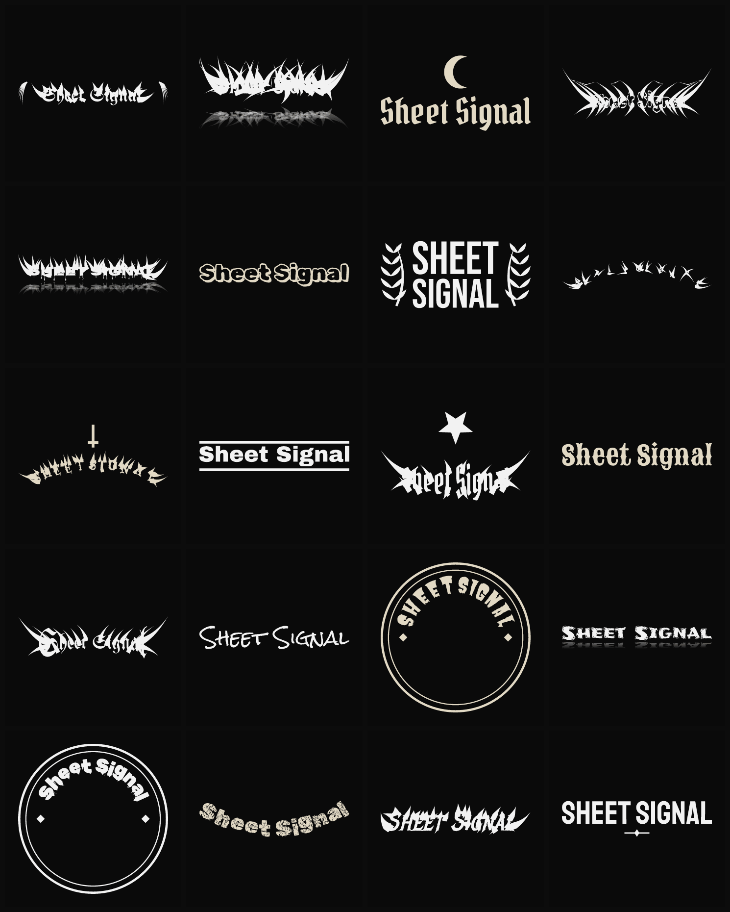 Twenty Sheet Signal band logo ideas — different faces, treatments and spike settings