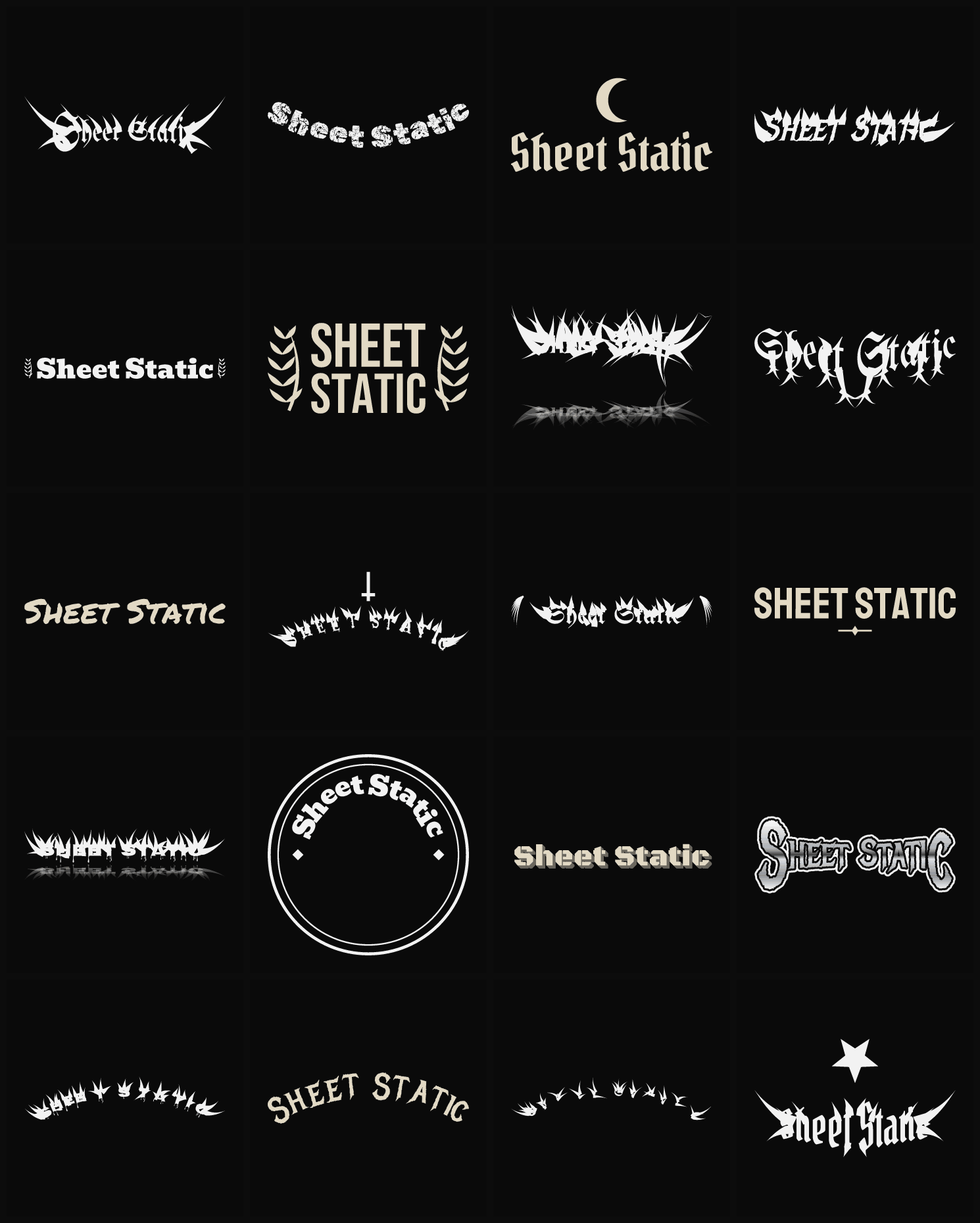Twenty Sheet Static band logo ideas — different faces, treatments and spike settings