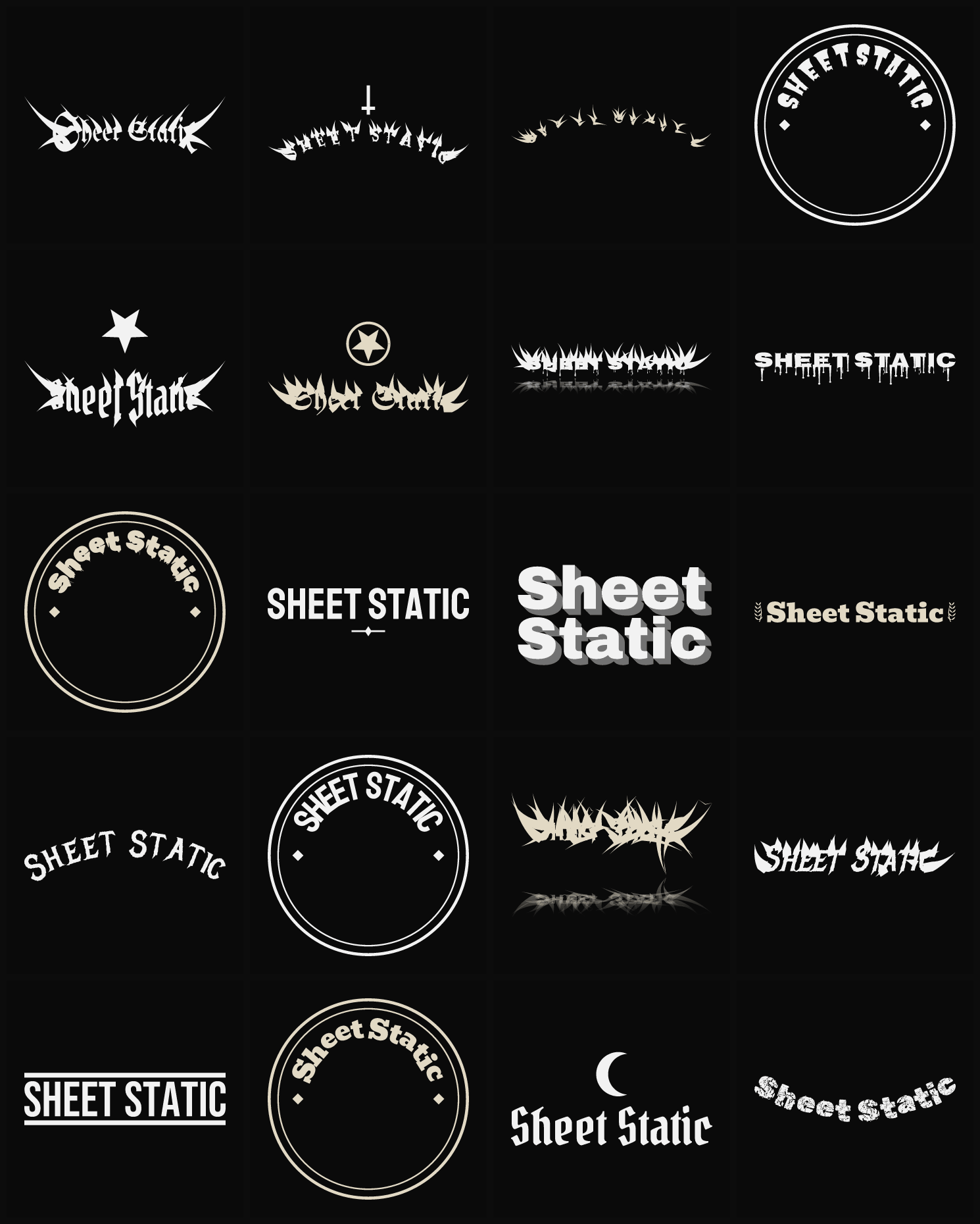 Twenty Sheet Static band logo ideas — different faces, treatments and spike settings