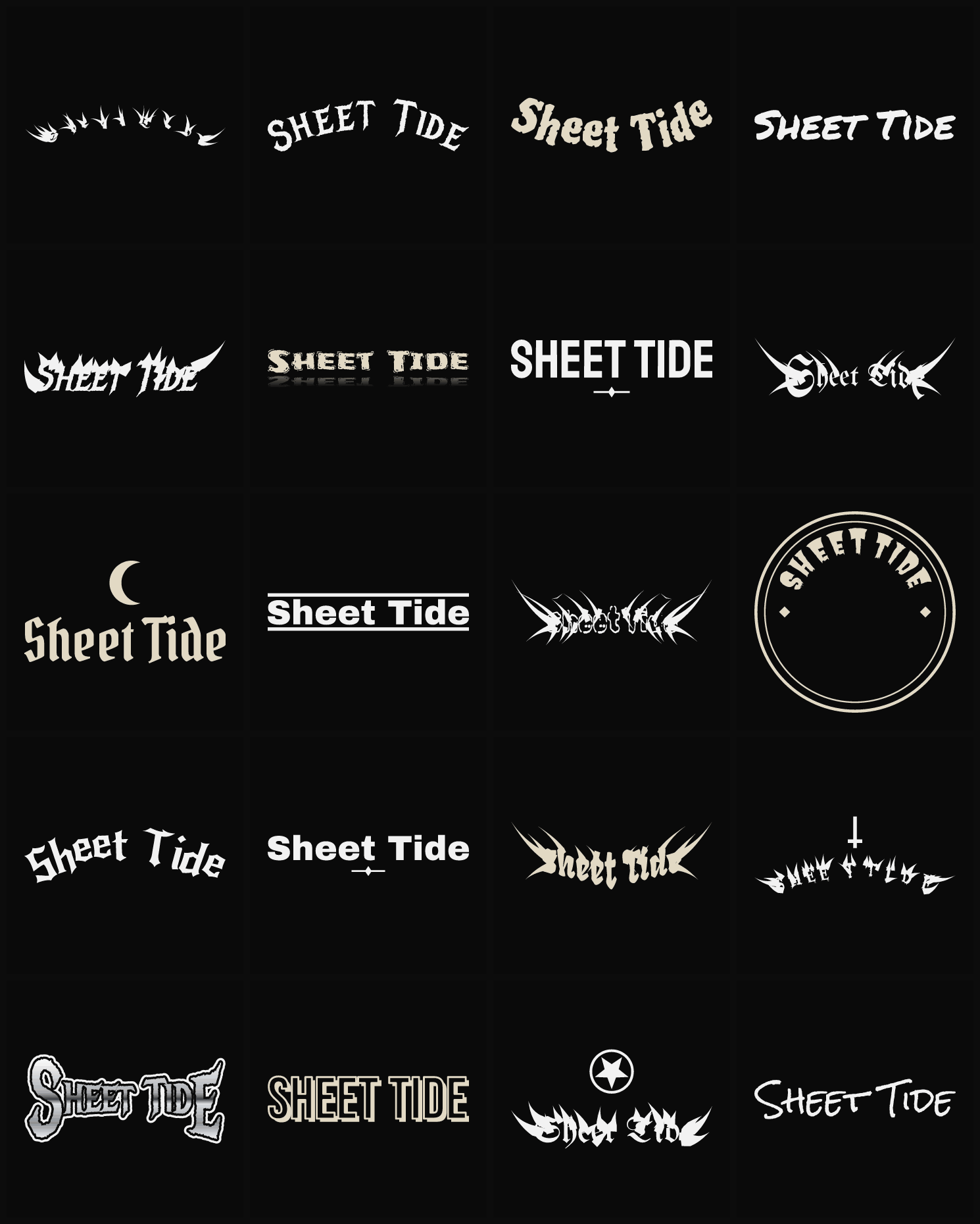 Twenty Sheet Tide band logo ideas — different faces, treatments and spike settings