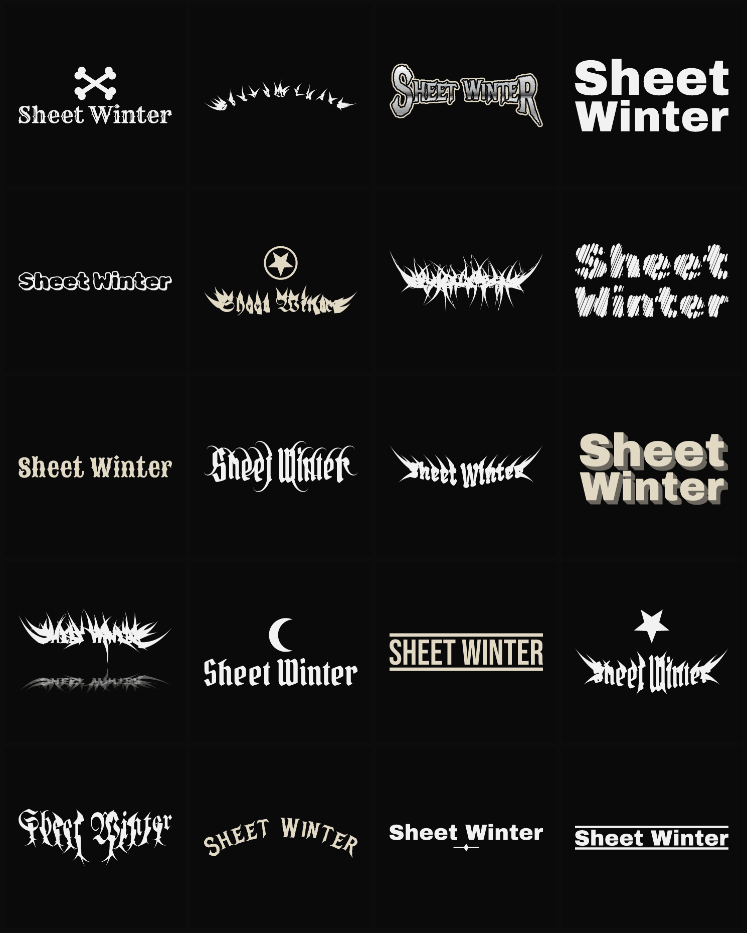 Twenty Sheet Winter band logo ideas — different faces, treatments and spike settings