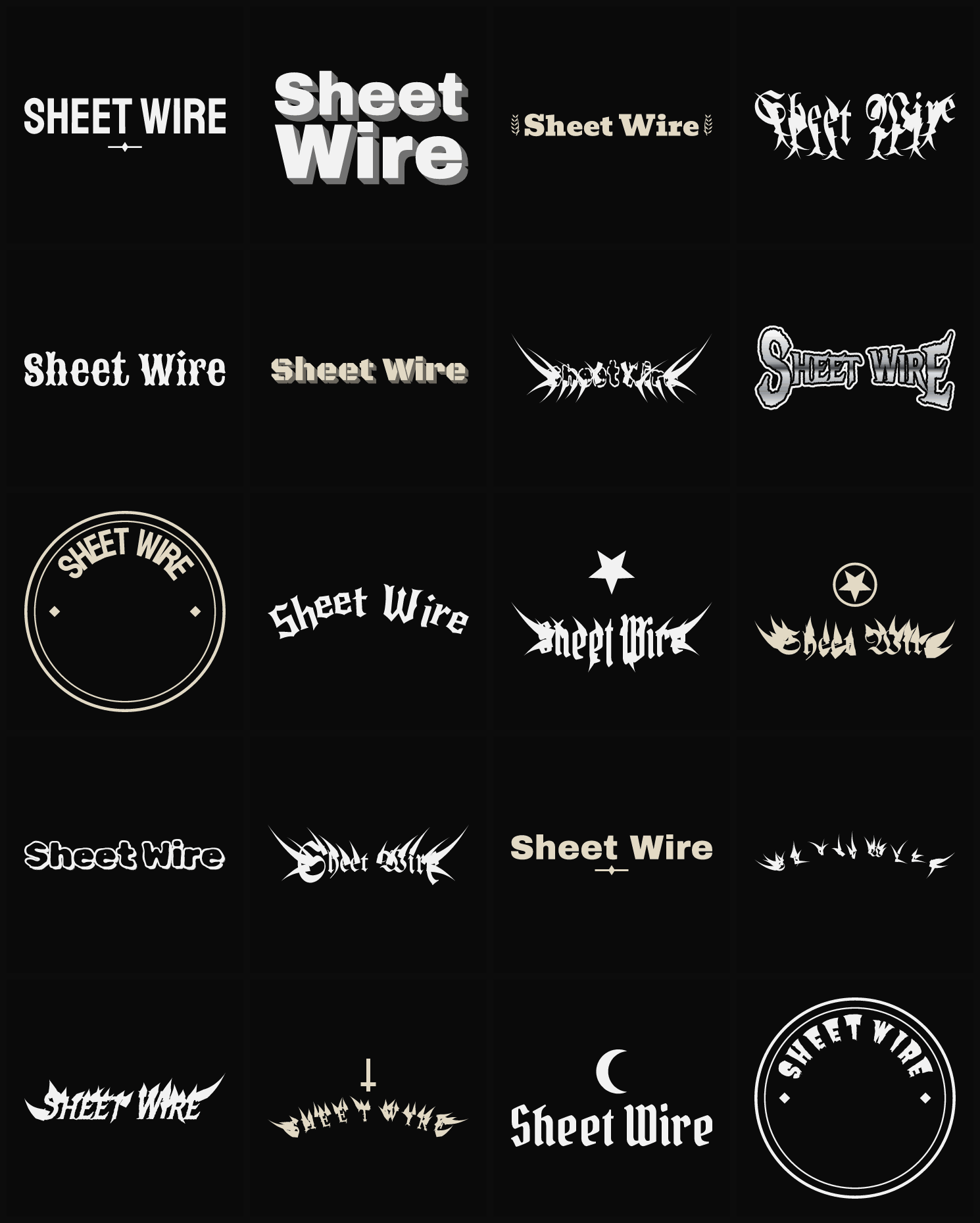 Twenty Sheet Wire band logo ideas — different faces, treatments and spike settings