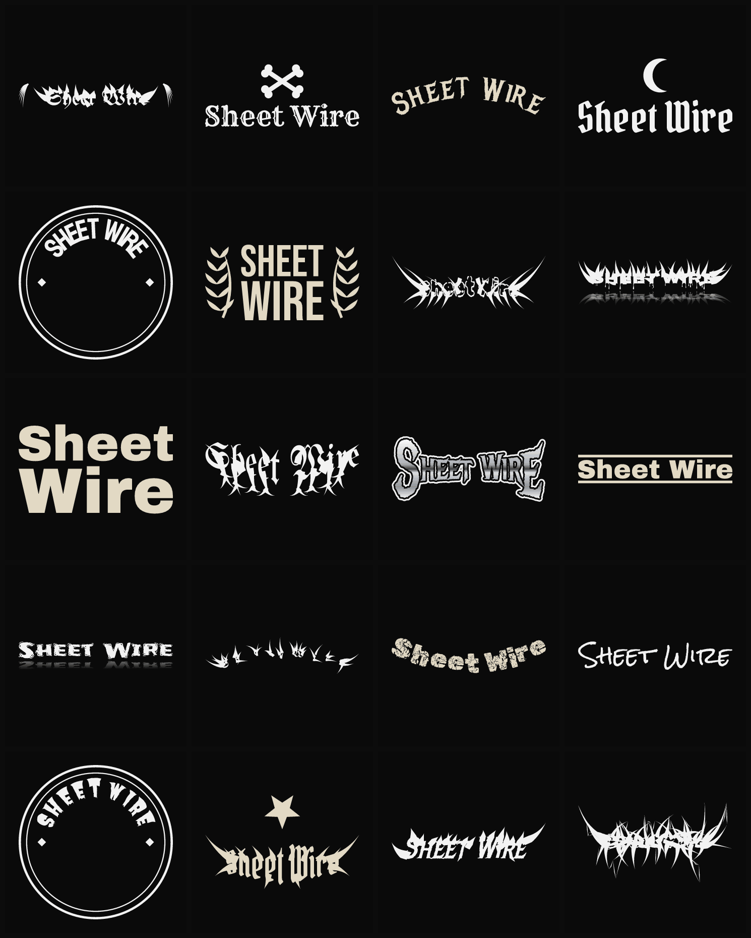 Twenty Sheet Wire band logo ideas — different faces, treatments and spike settings
