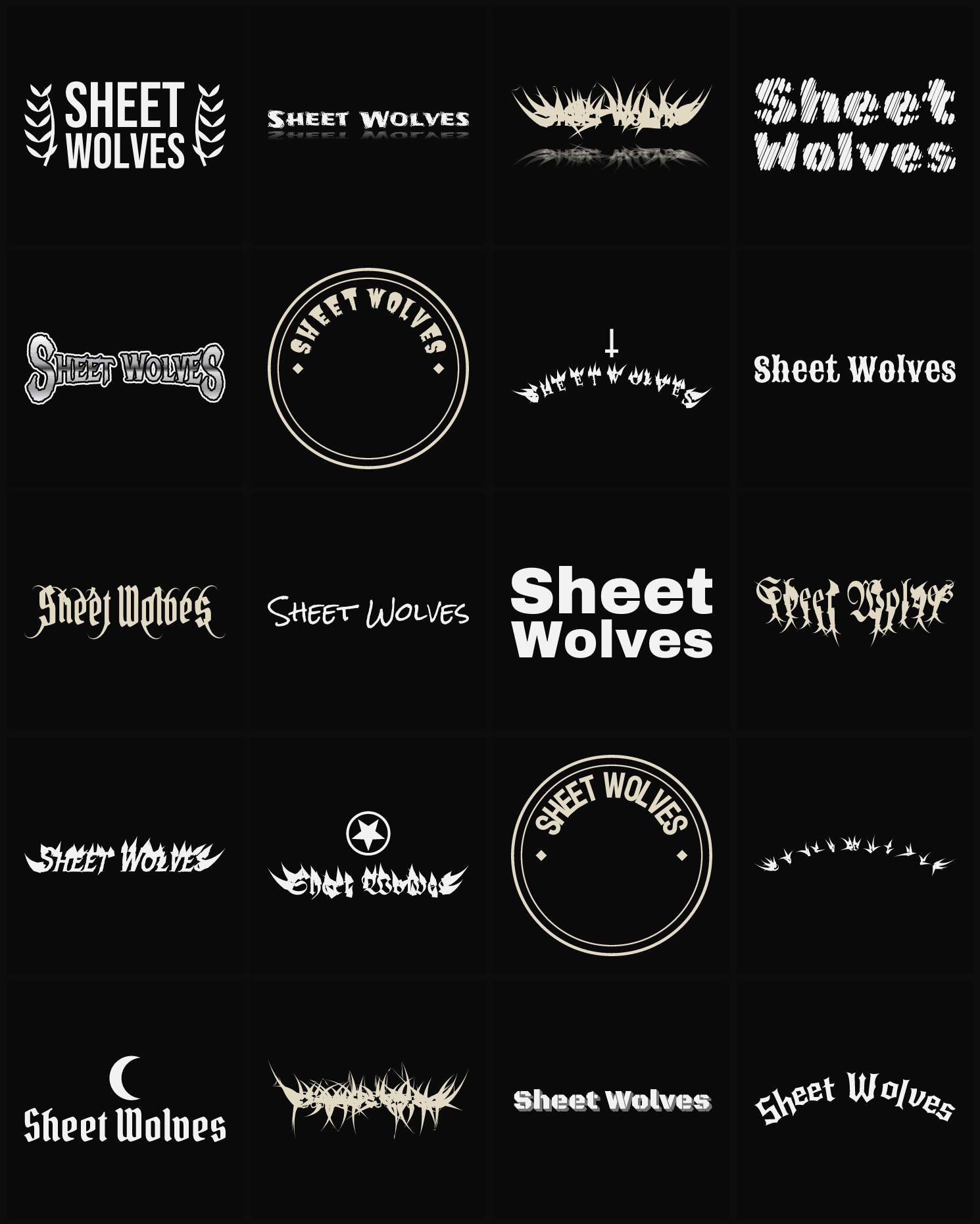 Twenty Sheet Wolves band logo ideas — different faces, treatments and spike settings