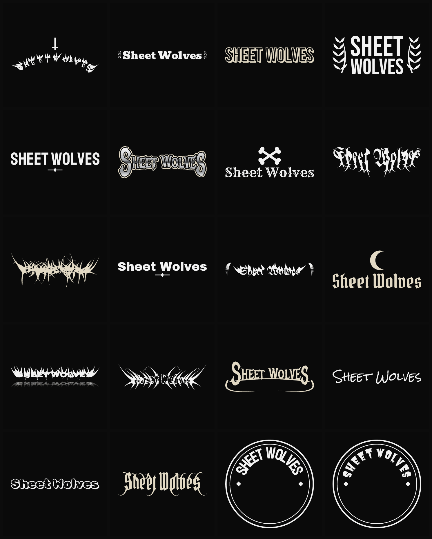 Twenty Sheet Wolves band logo ideas — different faces, treatments and spike settings