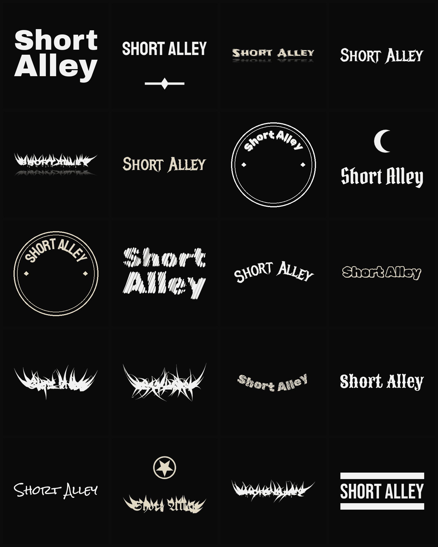 Twenty Short Alley band logo ideas — different faces, treatments and spike settings