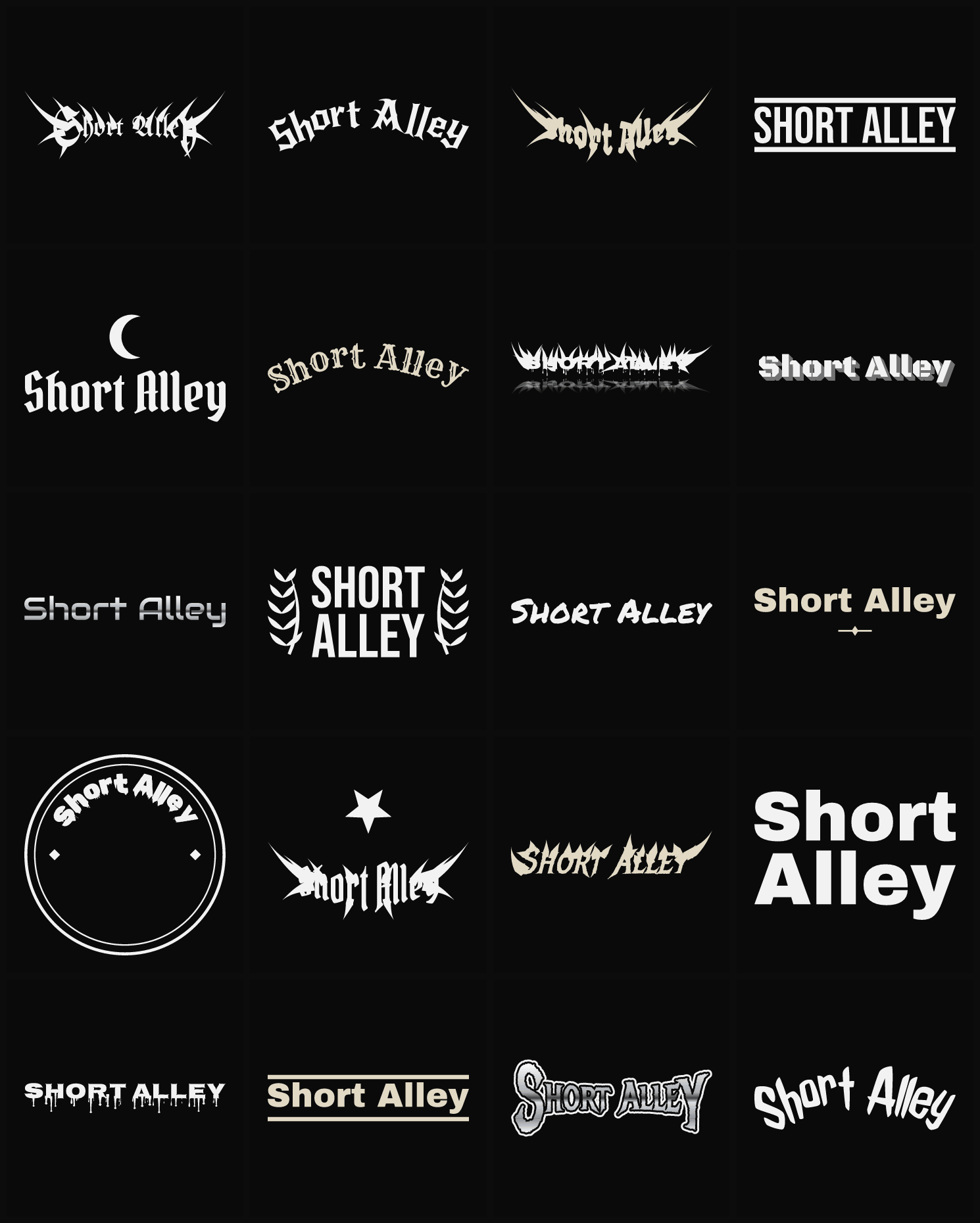 Twenty Short Alley band logo ideas — different faces, treatments and spike settings