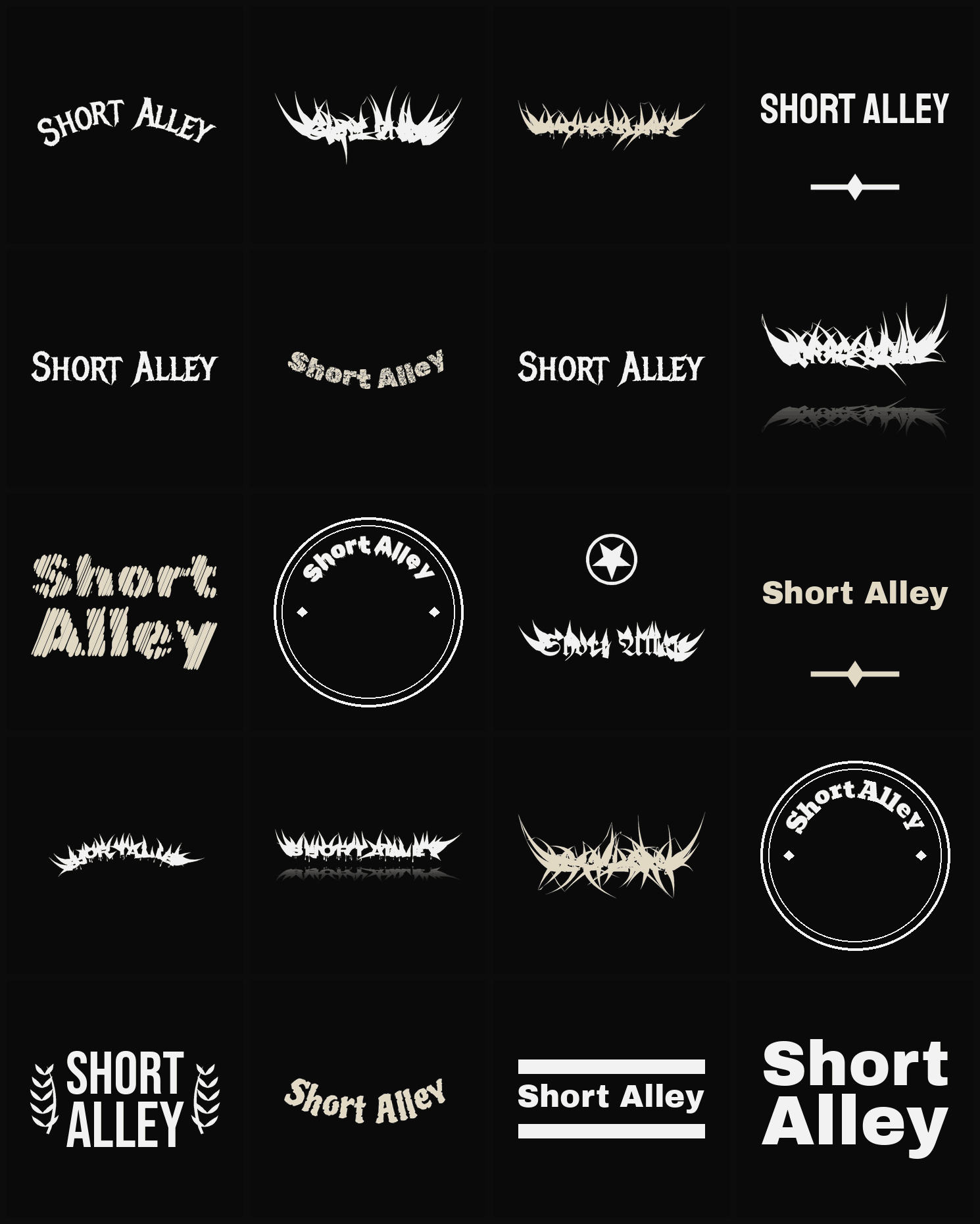 Twenty Short Alley band logo ideas — different faces, treatments and spike settings