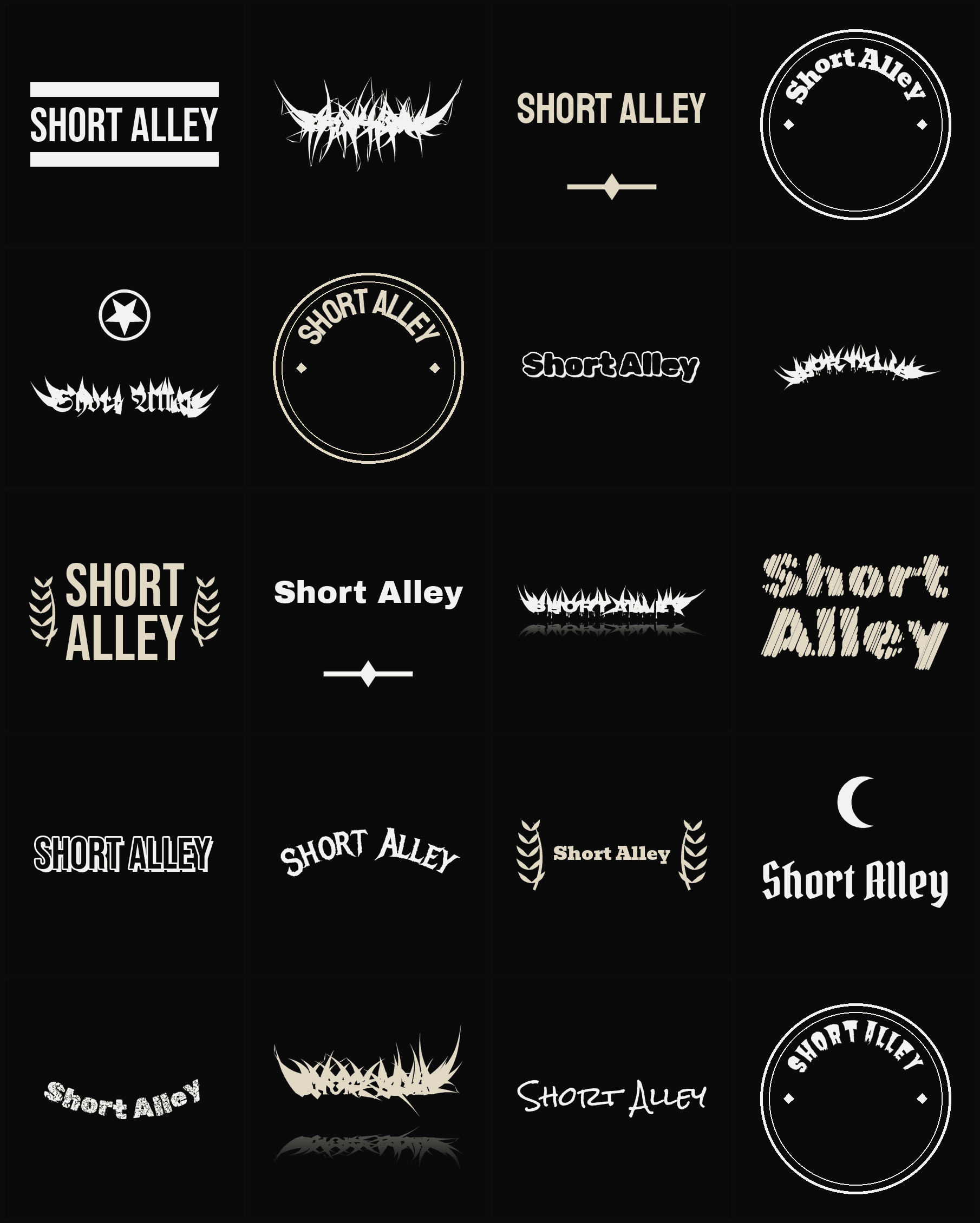 Twenty Short Alley band logo ideas — different faces, treatments and spike settings