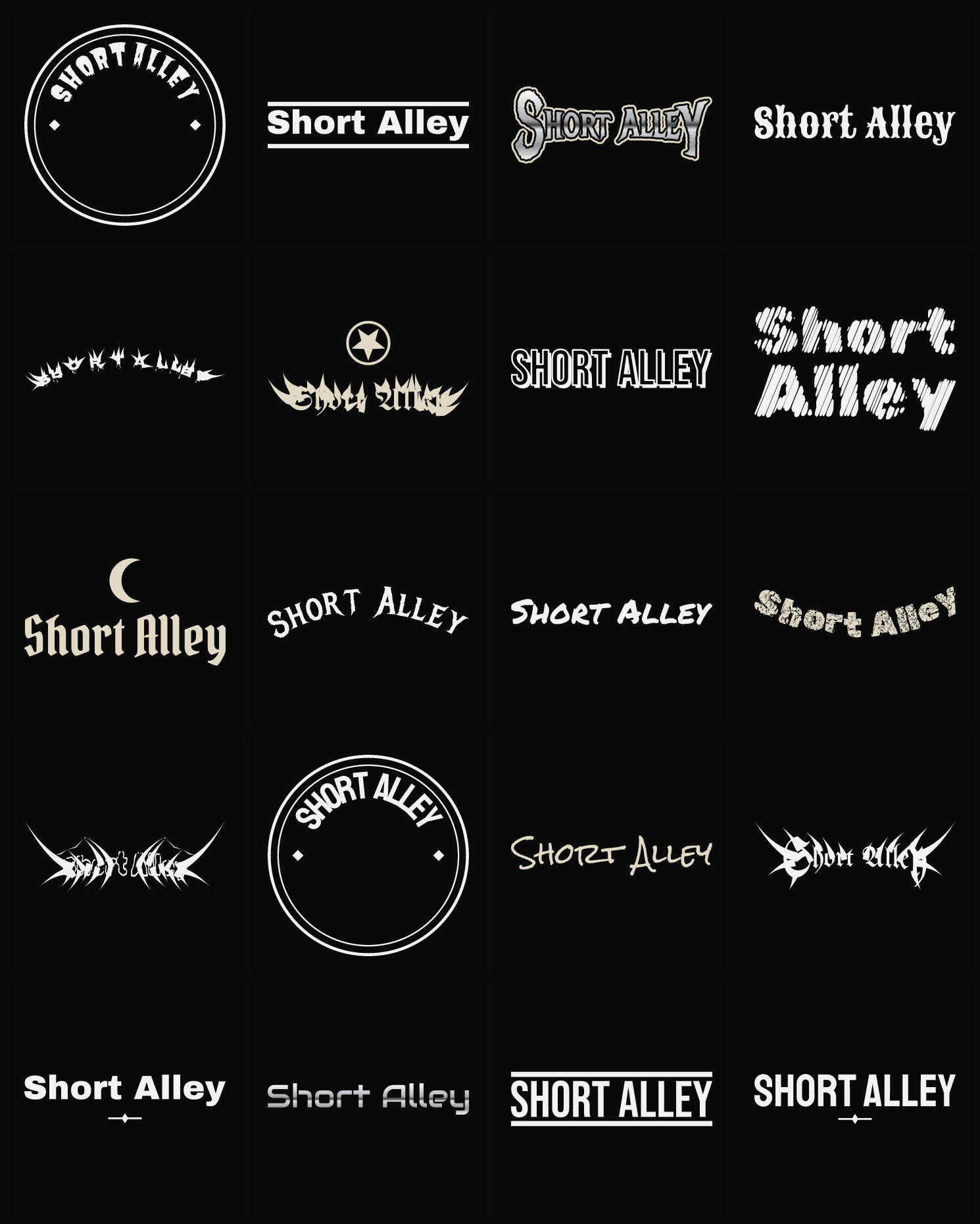 Twenty Short Alley band logo ideas — different faces, treatments and spike settings