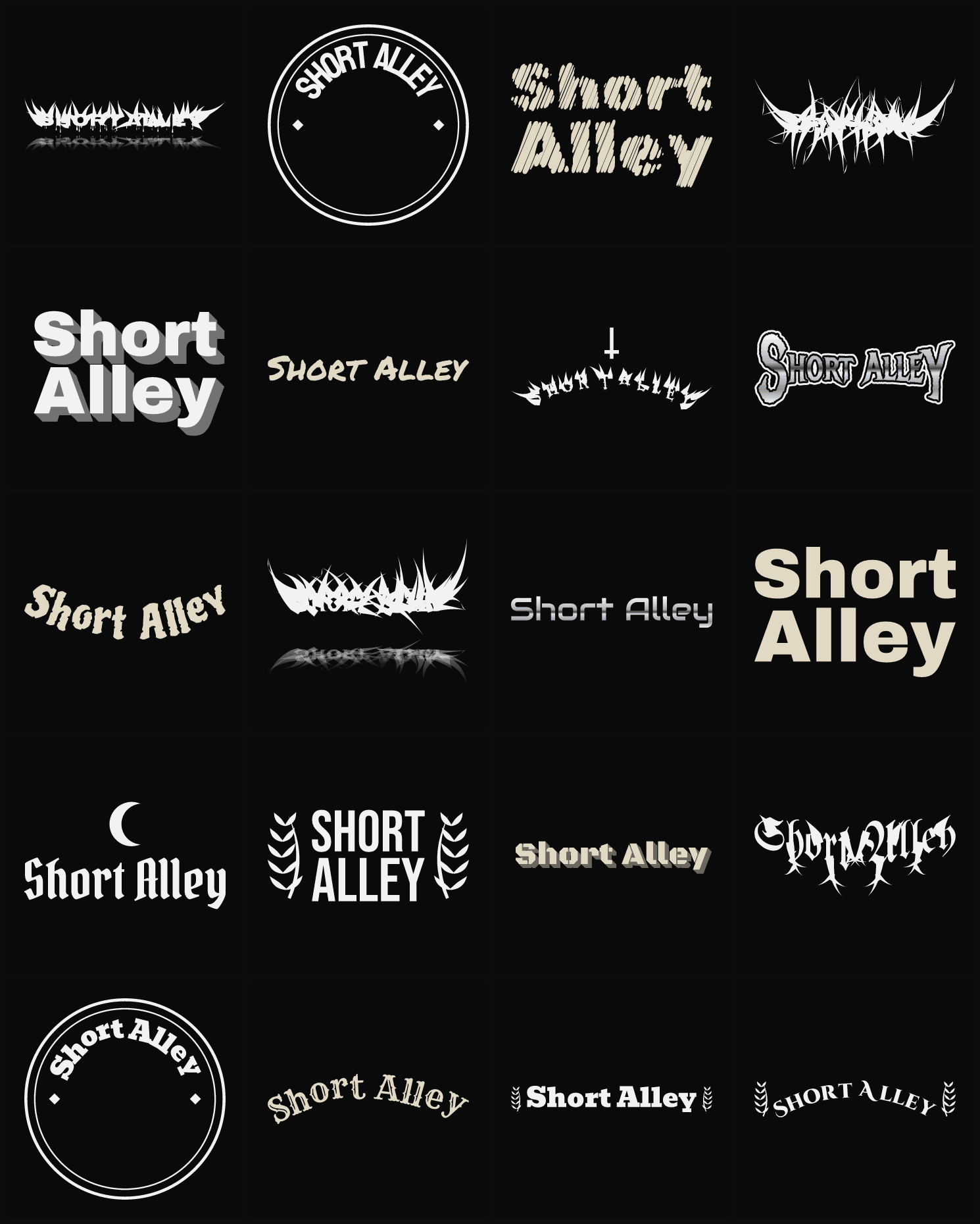Twenty Short Alley band logo ideas — different faces, treatments and spike settings