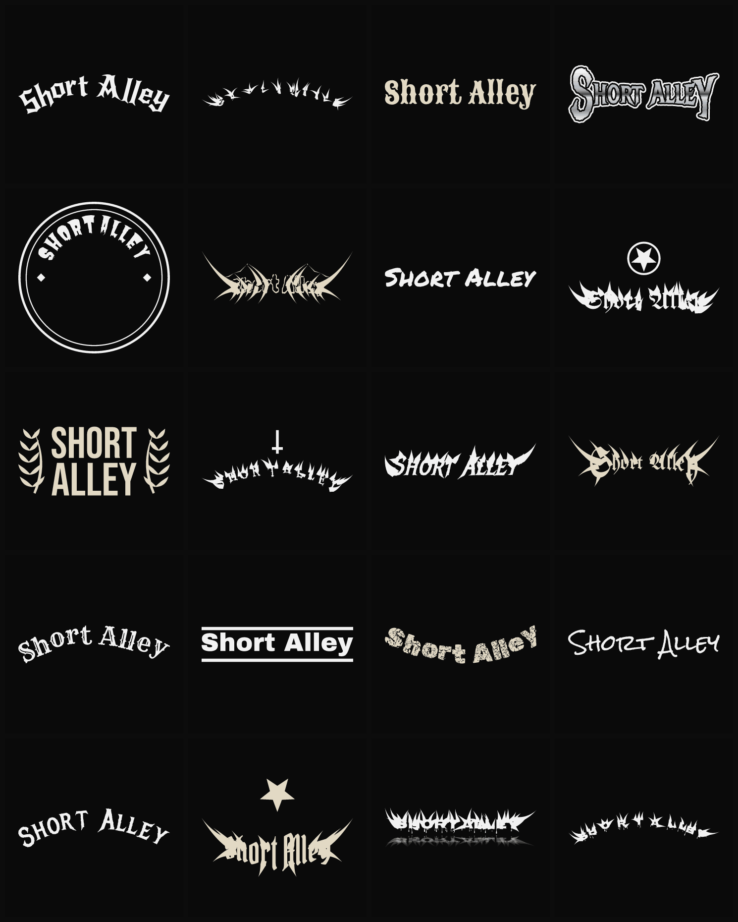 Twenty Short Alley band logo ideas — different faces, treatments and spike settings