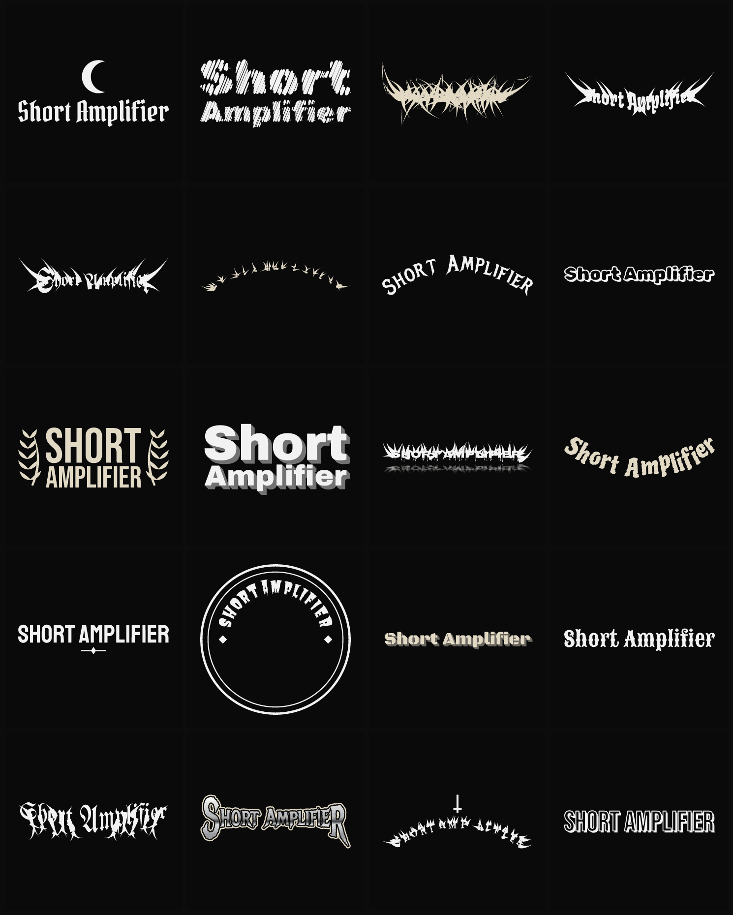 Twenty Short Amplifier band logo ideas — different faces, treatments and spike settings