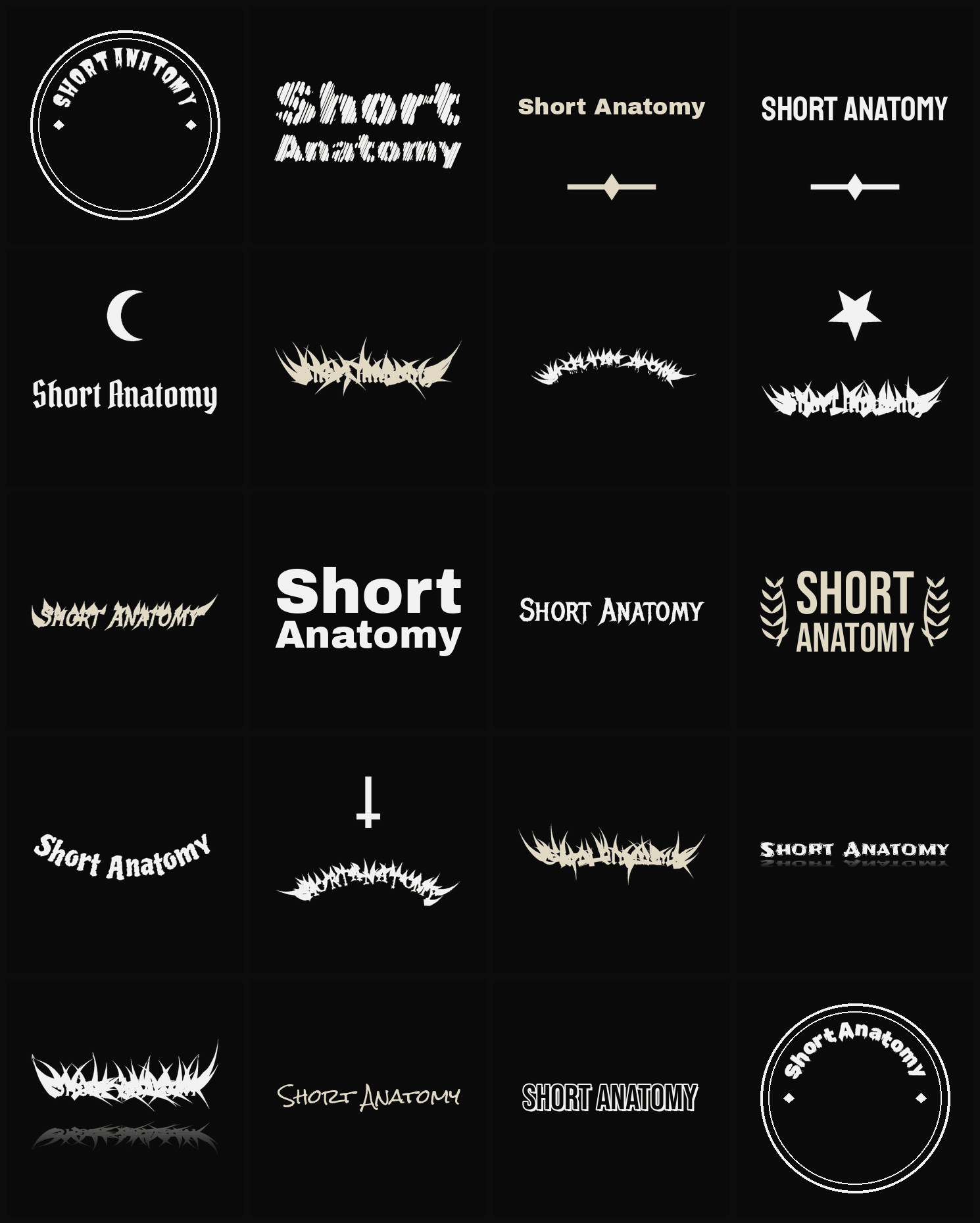 Twenty Short Anatomy band logo ideas — different faces, treatments and spike settings