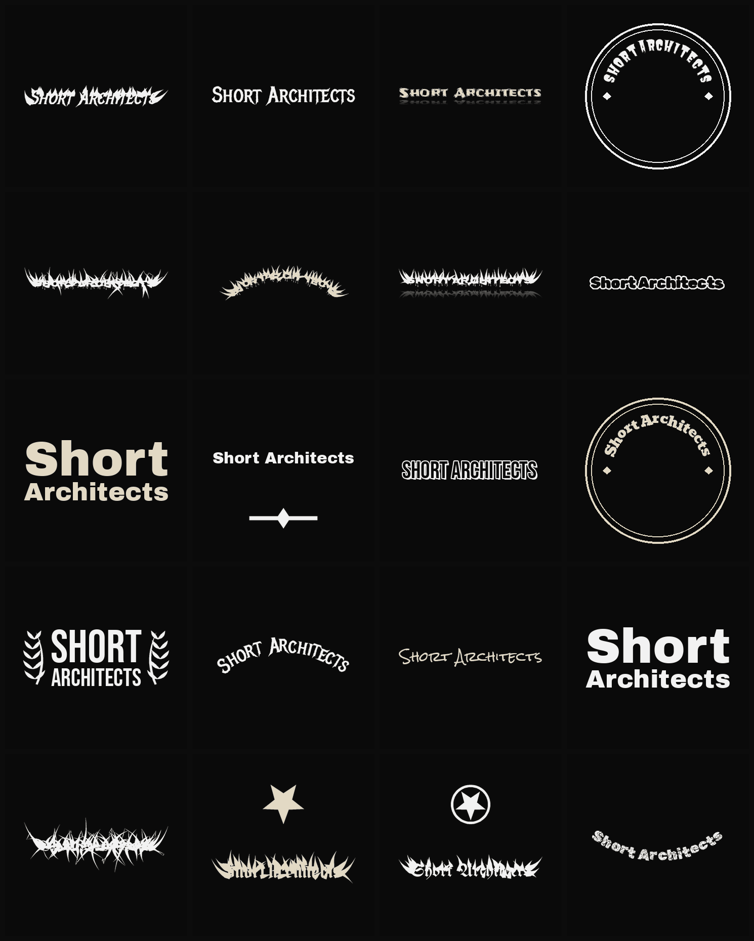 Twenty Short Architects band logo ideas — different faces, treatments and spike settings