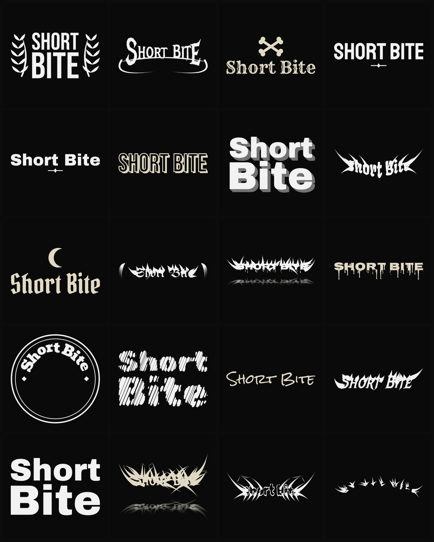 Twenty Short Bite band logo ideas — different faces, treatments and spike settings