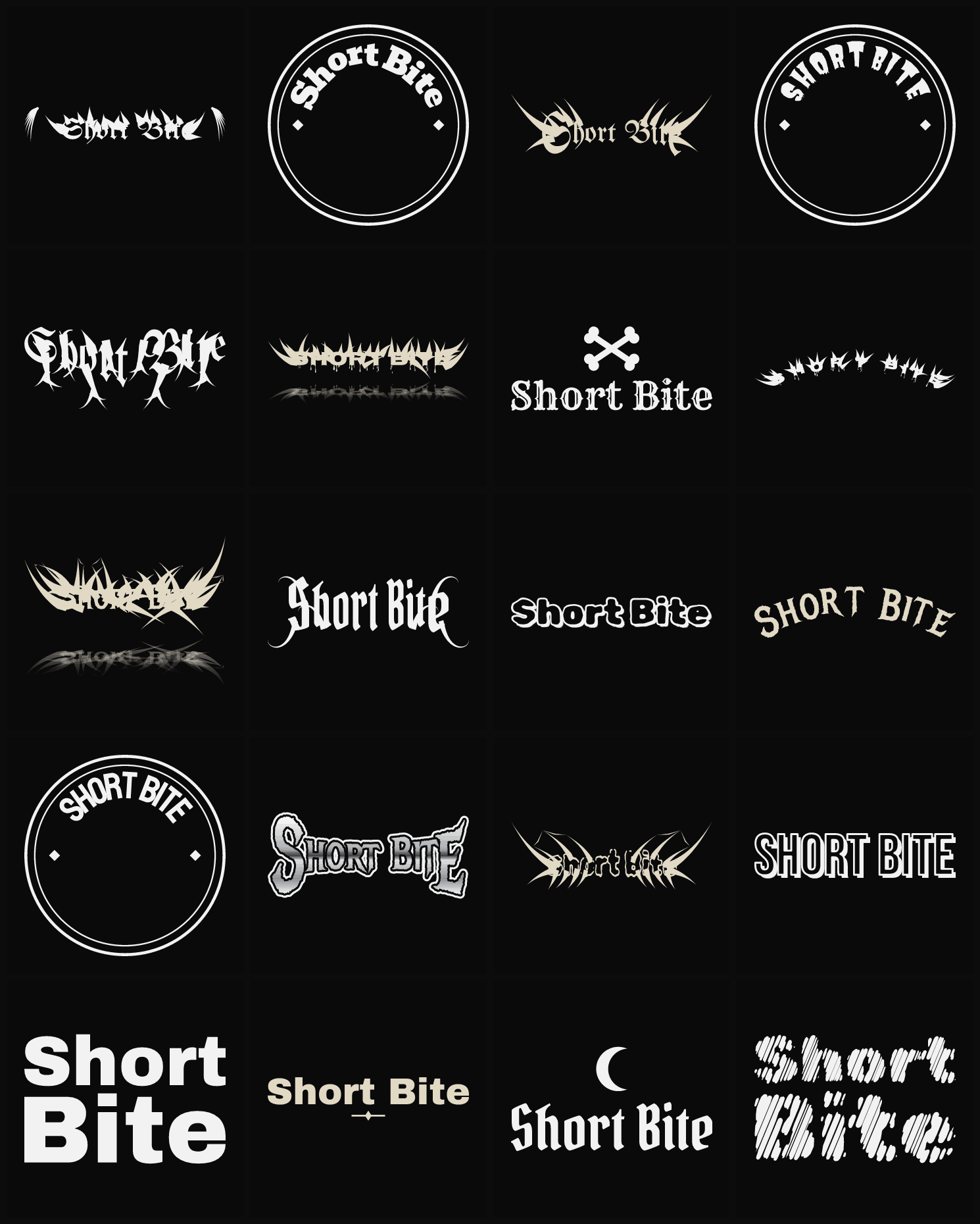 Twenty Short Bite band logo ideas — different faces, treatments and spike settings