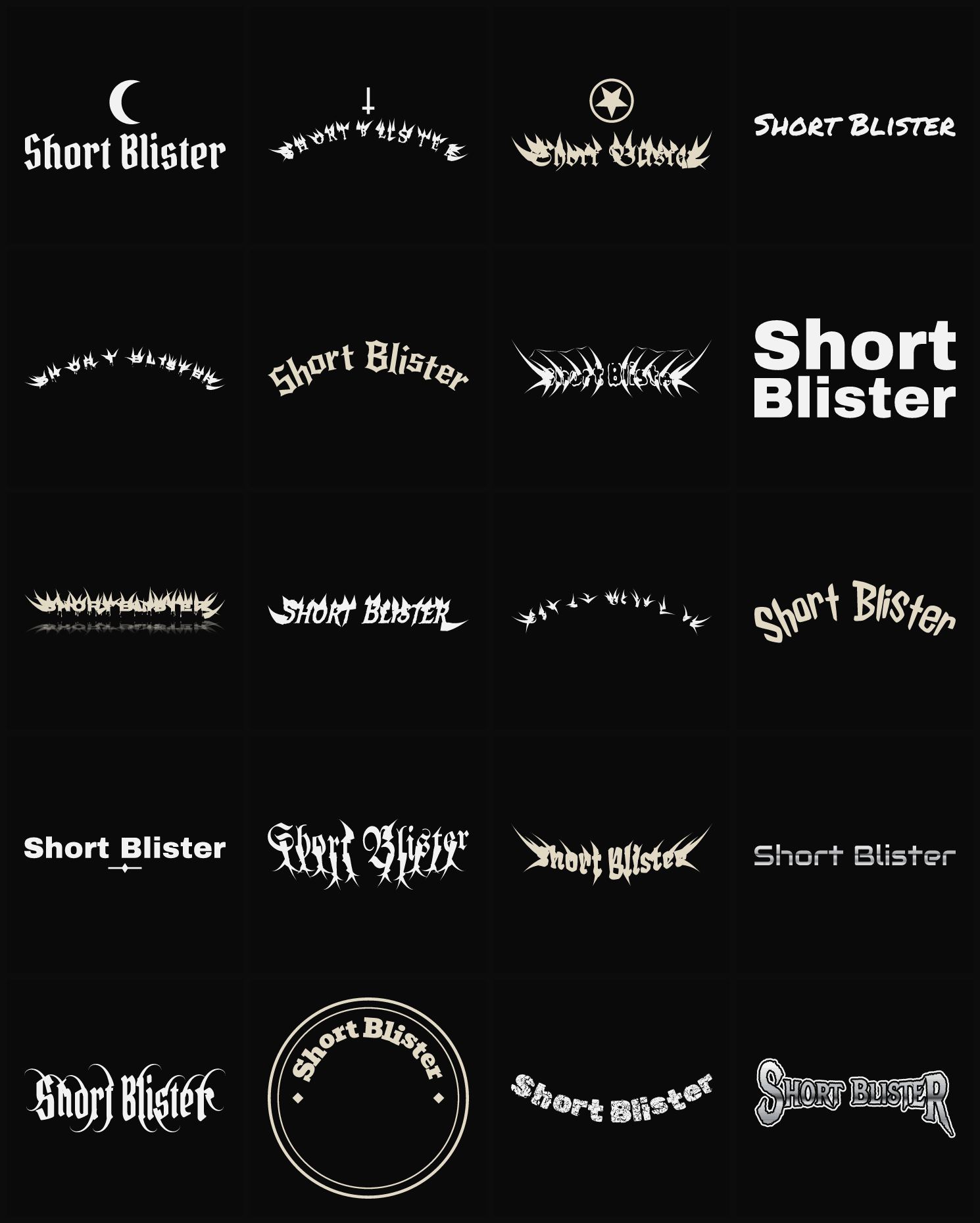 Twenty Short Blister band logo ideas — different faces, treatments and spike settings